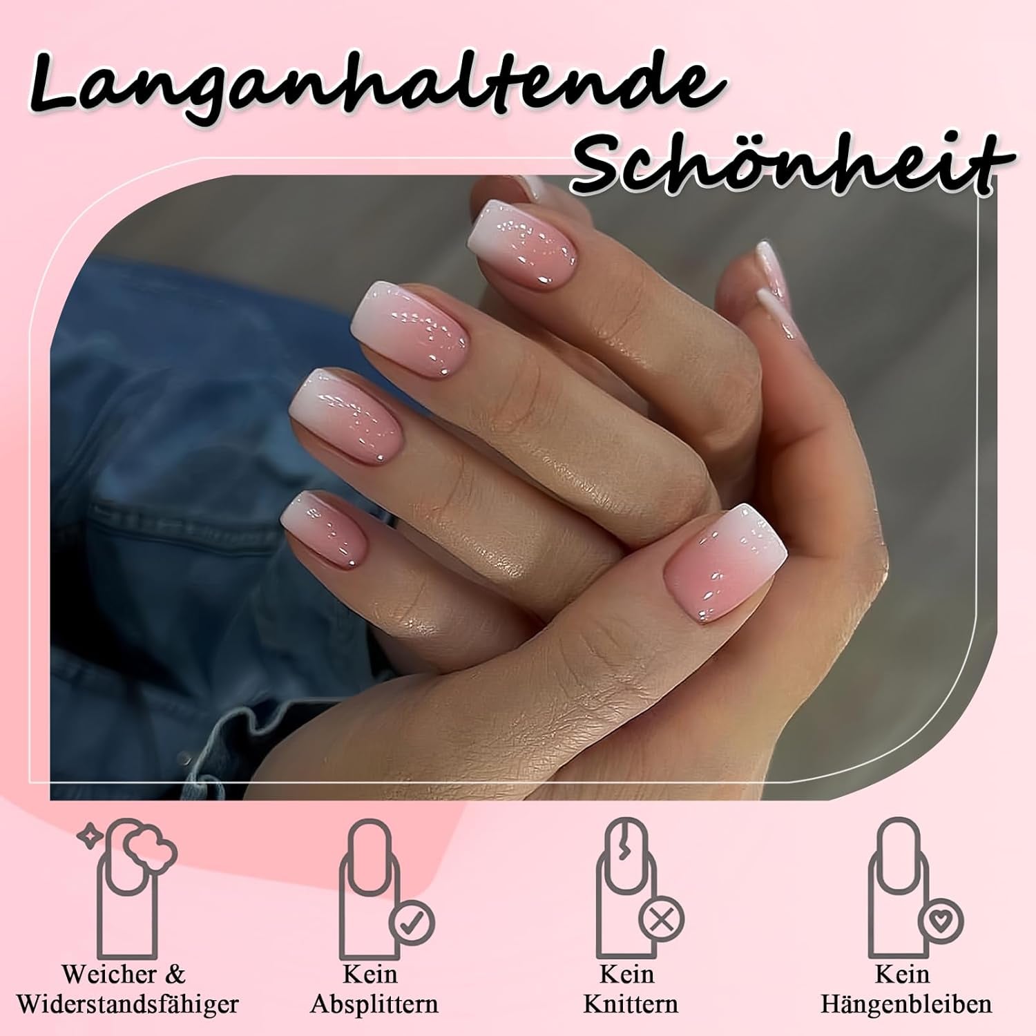 360 delar False Nails Kit - Kort Naken Rosa Vit Gradient False Nails - Fyrkantigt lim på False Nails - Heltäckande glansiga självhäftande naglar för kvinnor och flickor (fyrkantiga)