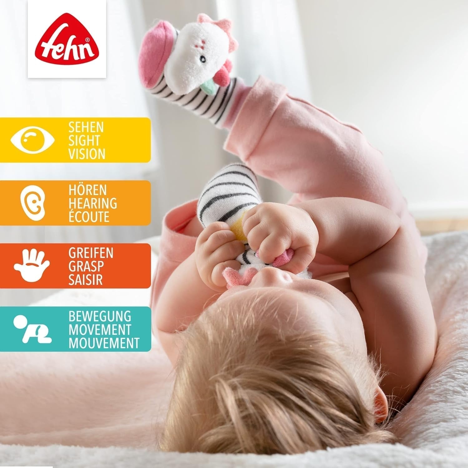 Fehn lekhandskesafari - apa och elefant babyfingerdockor & unicorn baby bell strumpor - babystrumpor med klockfunktion och enhörningshuvud - stimulera motorik och sinnen Bebe Toys Naty Shop