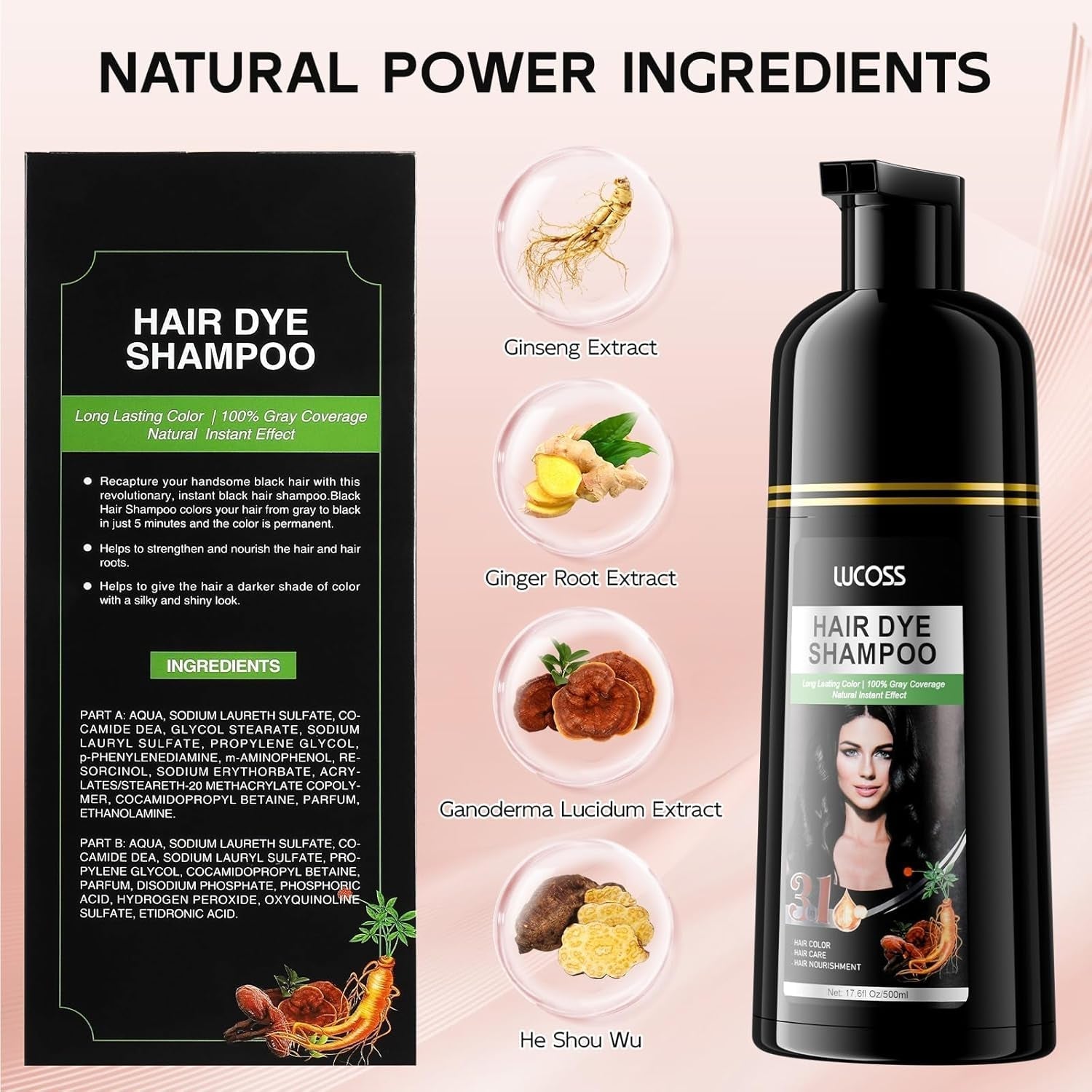 Instant Black Hair Shampoo, Natural Hair Dye Shampoo, 100 % Grey Cover - Enkelt och snabbt, Semi Permanent Color for Black Hair, Hårfärgning Shampoo för män och kvinnor Hårfärg Naty Shop