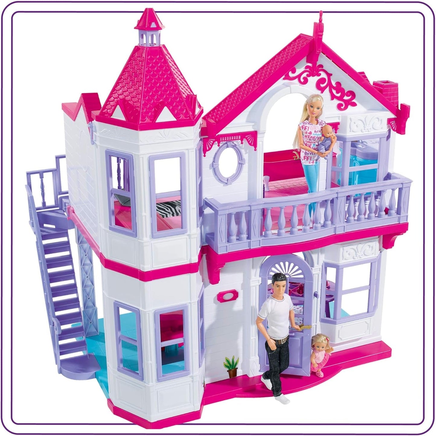 Simba 104661996 - Steffi Love Dreamhouse, stor lekstuga, 4 rum, INGEN DOCKOR, 84 cm hög, två våningar, funktionell klocka, hopfällbara dockskåp för Naty Shop