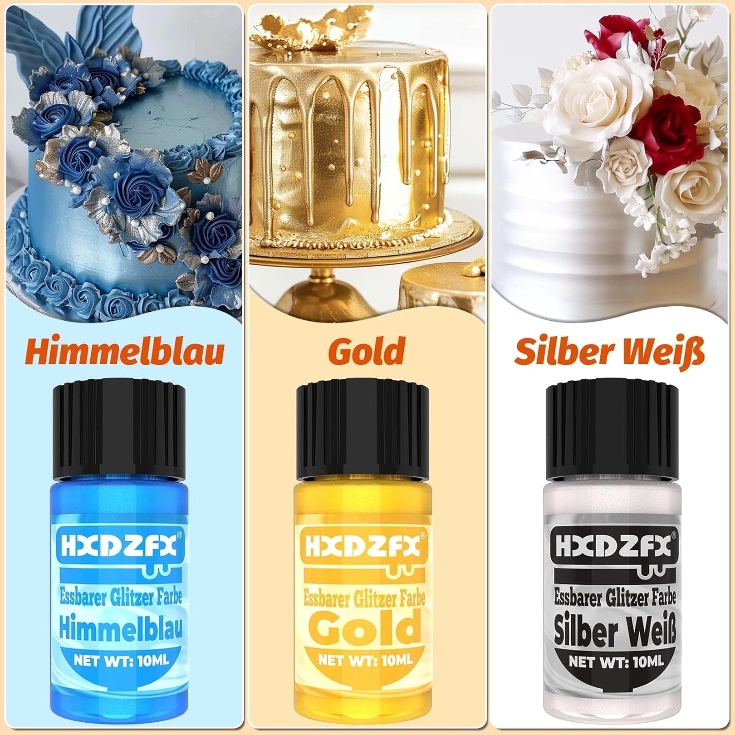 Essbarer Glitzer - 3 Torten Kuchen Deko Essbare, Metallic Lebensmittelfarbe Flüssiges, Ätbart Glitter Für Muffin, Cocktail, Marshmallows - 10Ml Naty Shop