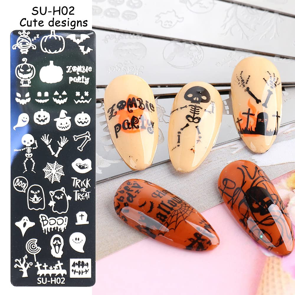 JMEOWIO Nail Stamping Stencils Halloween 6 Stück Nagelstempel Stencils Nail Art Dekoration Nageldesign Zubehör Böse Gruselige Kürbis-Geisterhexe