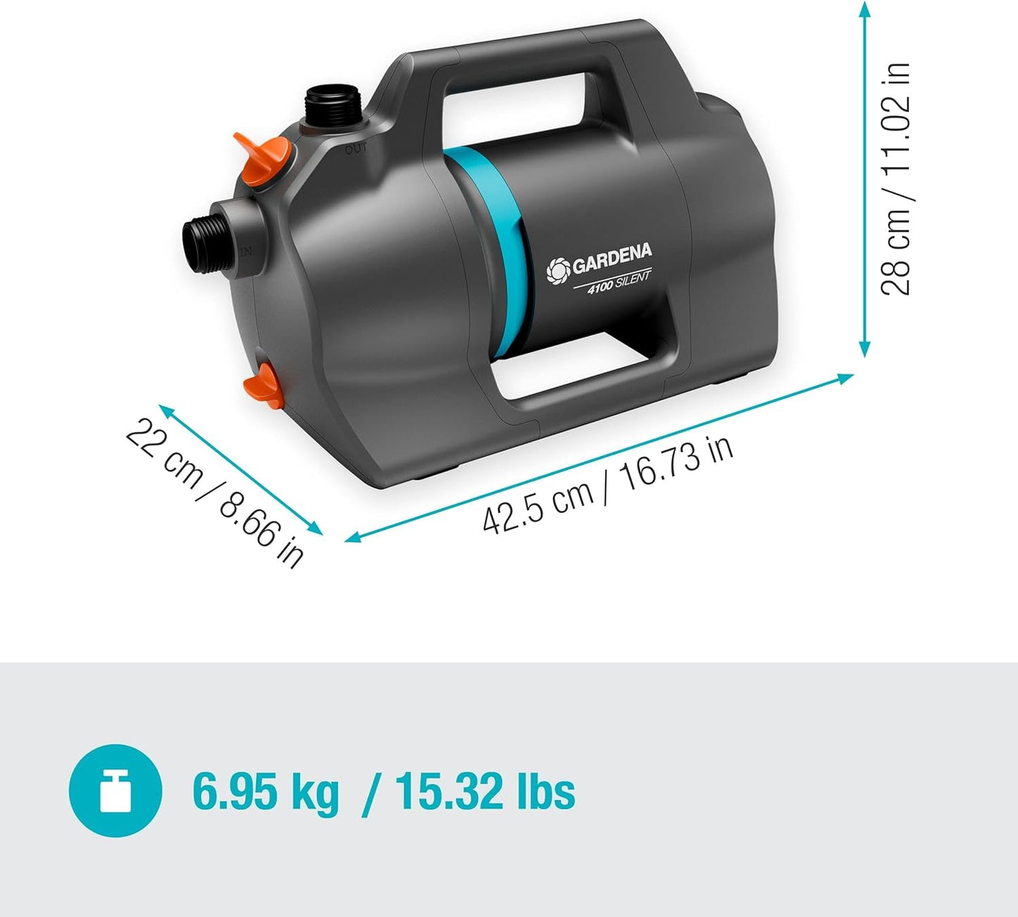 Gardena 4100 Silent Garden Pump Set: Mycket tyst och innovativ bevattningspump med 3,5 m suganslutning och 20 m klassisk slang, 4100L/h flöde, 550W motor, vattentät, ekonomisk (9051-20)