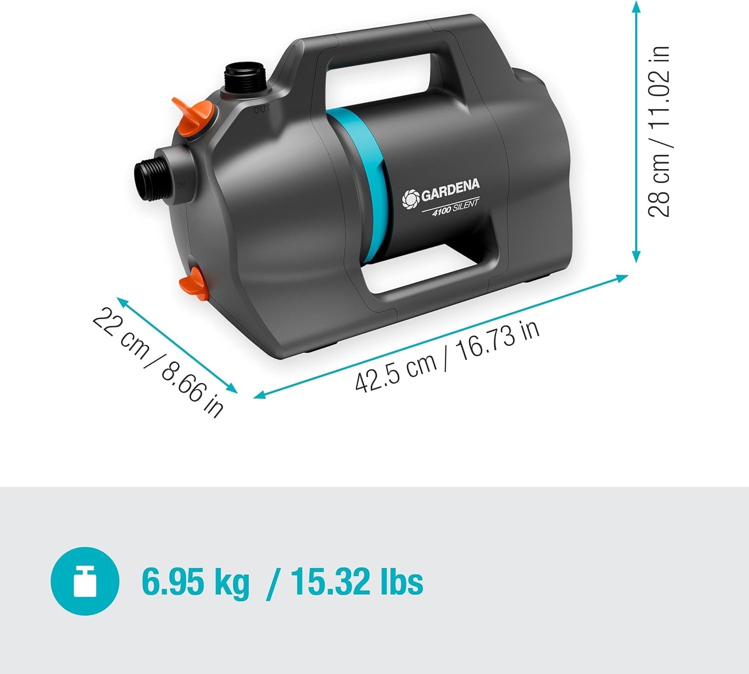 Gardena 4100 Silent Garden Pump Set: Mycket tyst och innovativ bevattningspump med 3,5 m suganslutning och 20 m klassisk slang, 4100L/h flöde, 550W motor, vattentät, ekonomisk (9051-20)