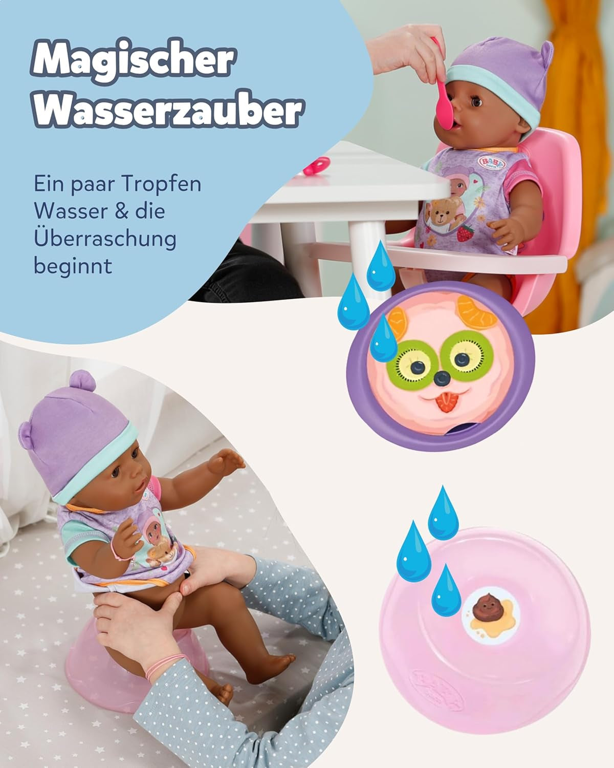 BABY Born Eva - babydocka 43 cm - 10 funktioner inklusive tillbehör och madrass - Fungerar helt utan batterier - Lämplig för barn från 3 år och uppåt