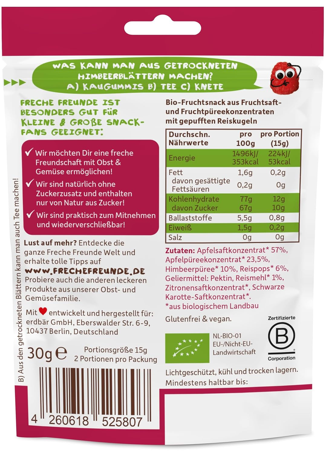 FRECHE FREUNDE Ekologiska fruktgeléer, äppel-, hallon- och risklubbor, fruktigt sött mellanmål för barn, glutenfritt, veganskt, paket med 20 (20 x 30 g)