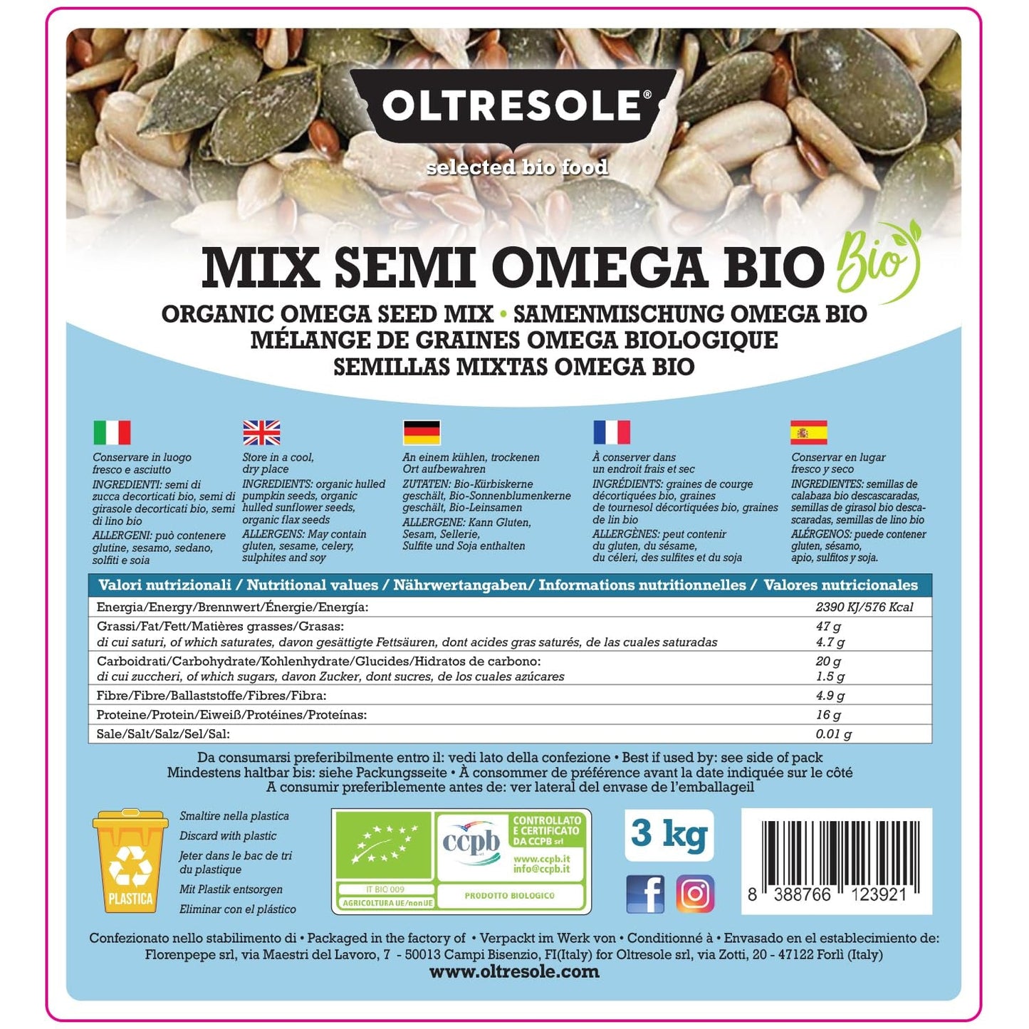 Ekologisk Omega Seed Mix 3 kg (blandning av pumpa, solros och linfrön), en blandning av 3 hela råa oljefrön, rika på protein, fibrer och omega-3 fettsyror