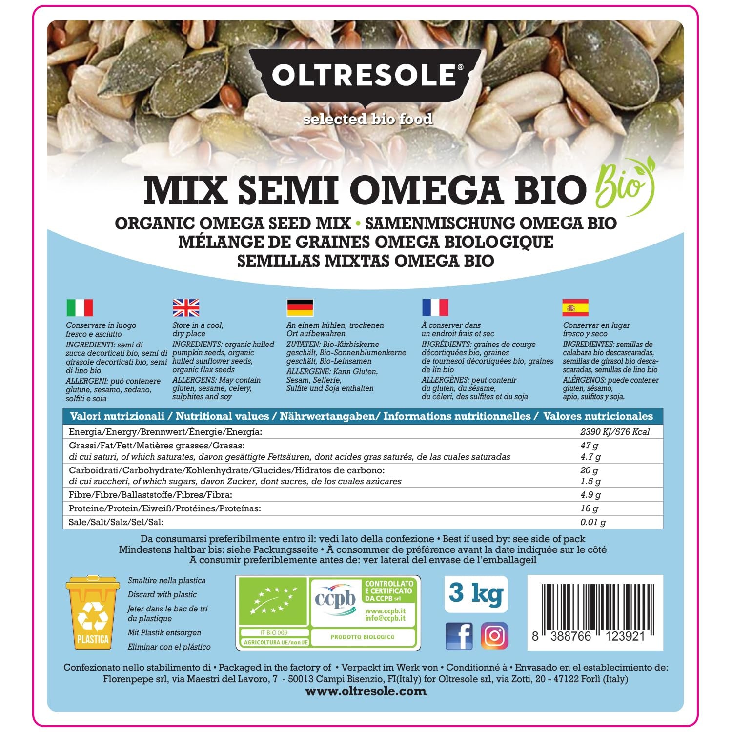 Ekologisk Omega Seed Mix 3 kg (blandning av pumpa, solros och linfrön), en blandning av 3 hela råa oljefrön, rika på protein, fibrer och omega-3 fettsyror