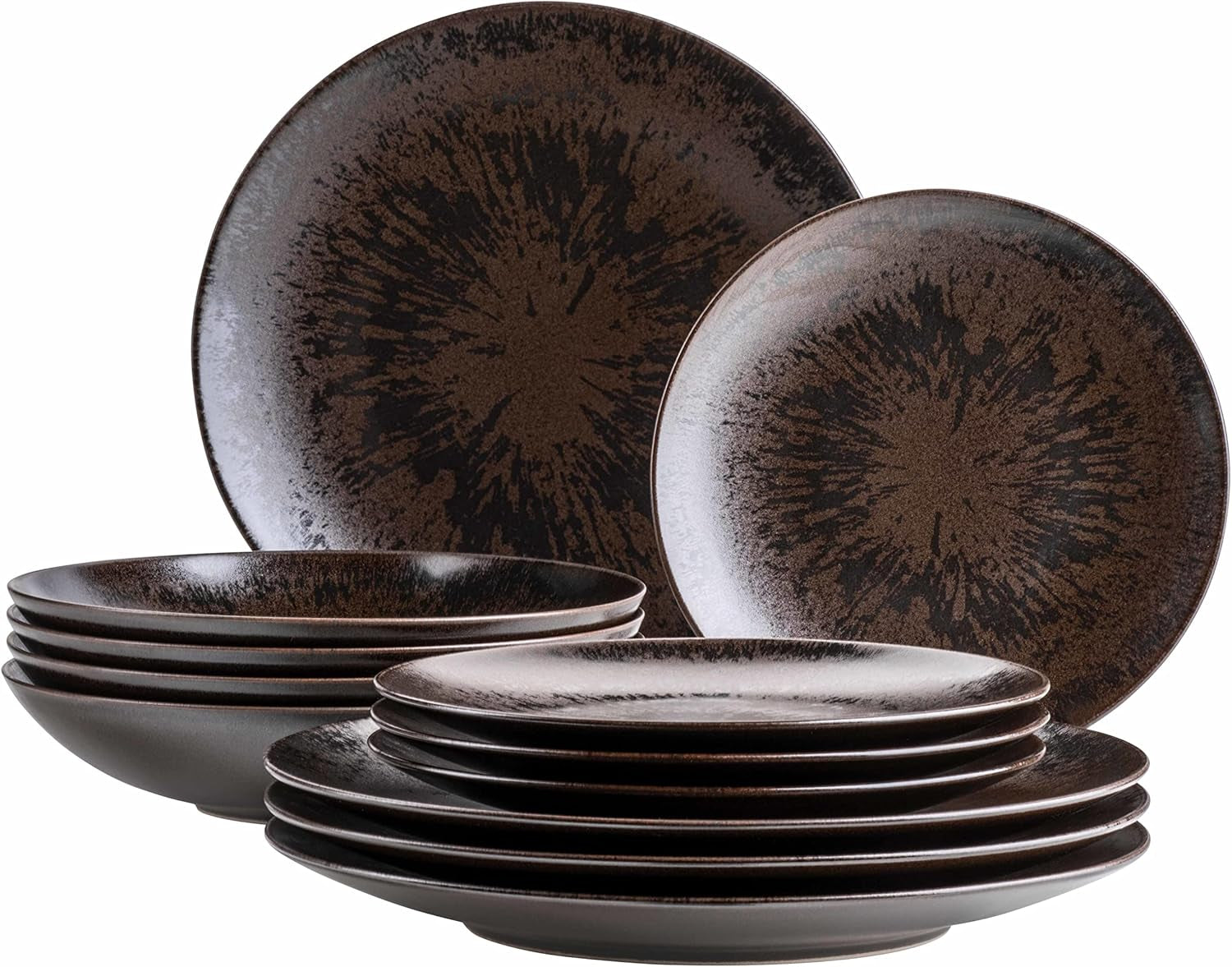 MÄSER Bronze Metallic 12-delad bordsservering för 4 med elegant och blank glasyr mattallrik set med mattallrik, mattallrik och desserttallrik i högkvalitativ keramik, stengods, brun