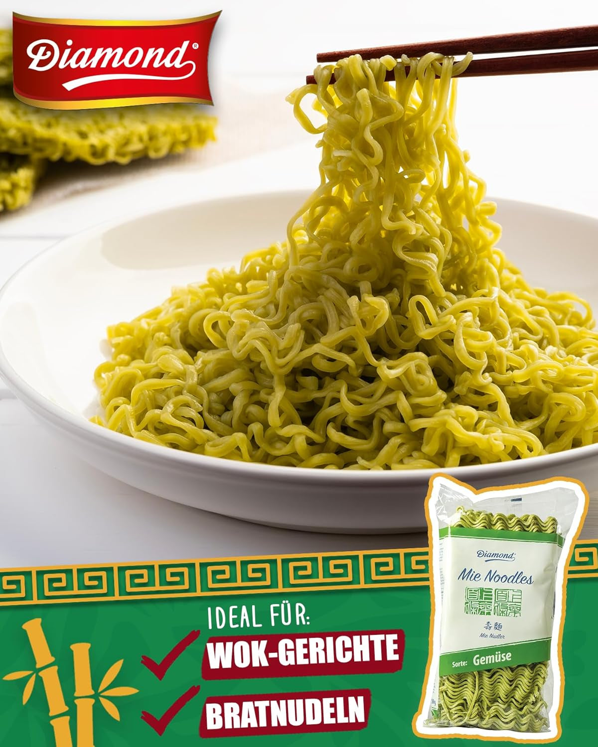 DIAMOND Mie grönsaksnudlar, vetenudlar med grönsakspulver, äggfritt, snabbt och enkelt, vegetariskt - 1 x 250 g
