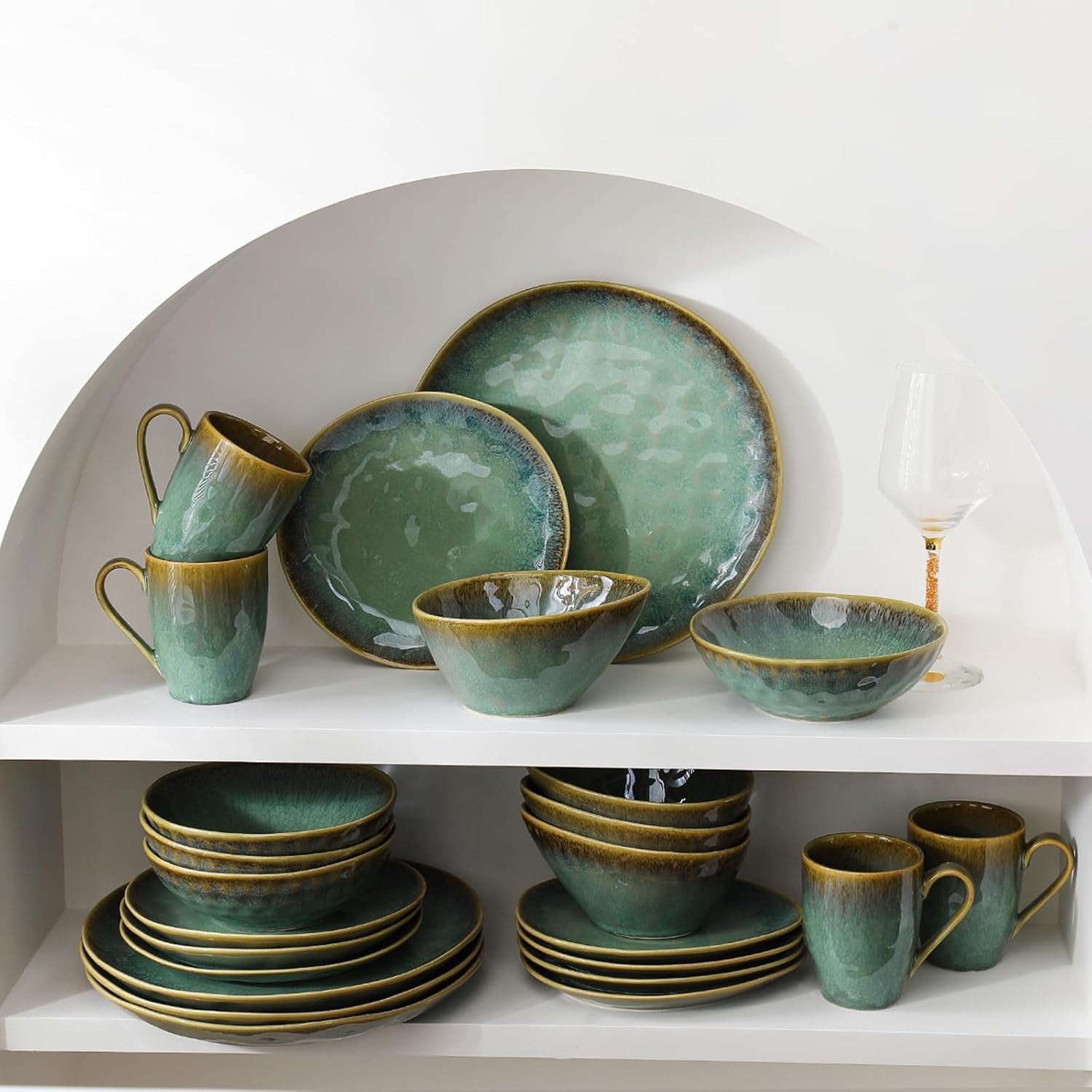 Henten Home Specialtallrikar i stengods, snacks och såsskålar - 20x17cm för 4 personer, frukosttallrikar i porslin - modern grön design