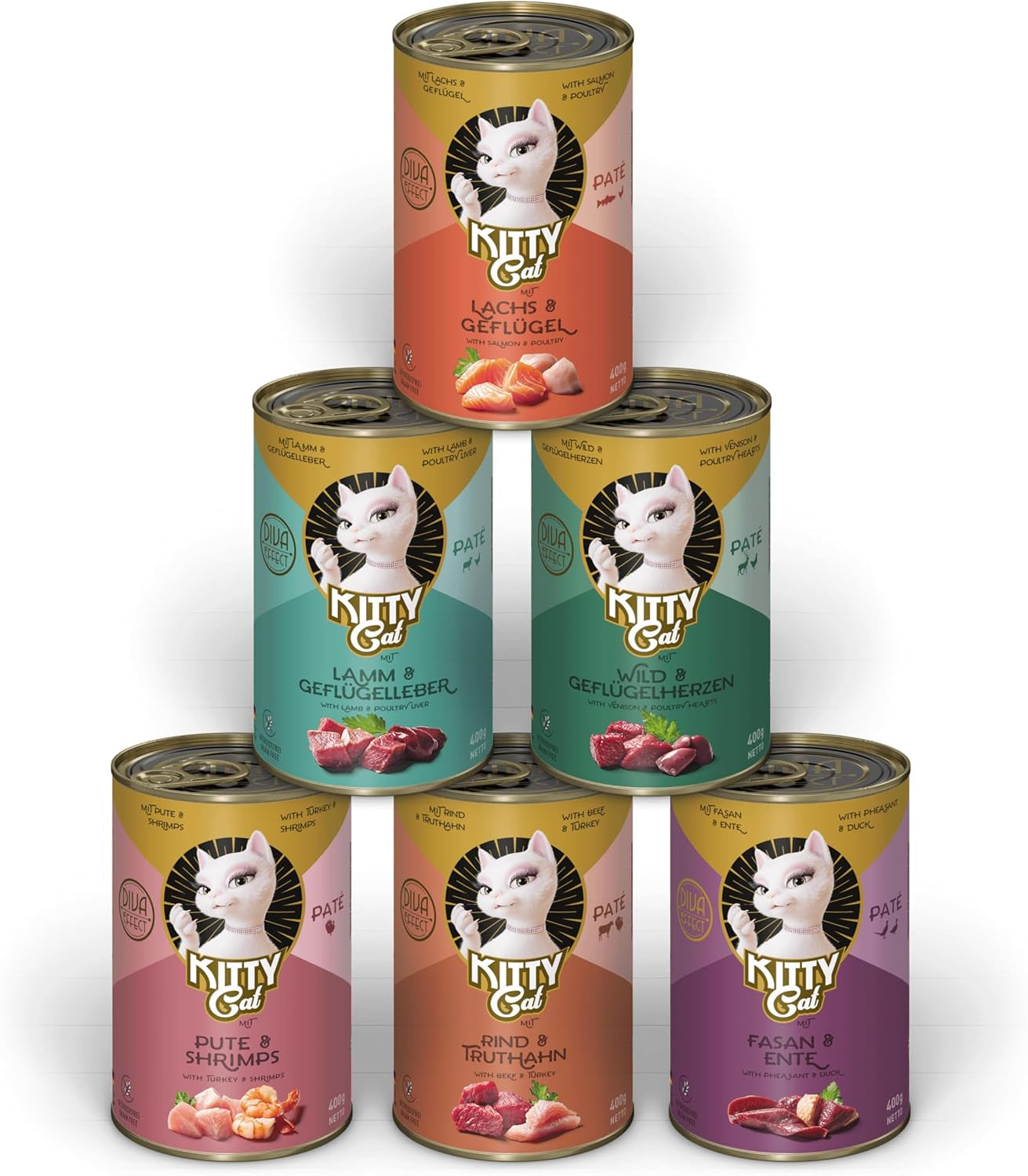 KITTY Cat Paté Mix 2, 6 x 400g, våt kattmat i provförpackning, spannmålsfri mat med taurin, laxolja och grönläppade musslor, helfoder med hög kötthalt, tillverkad i Tyskland