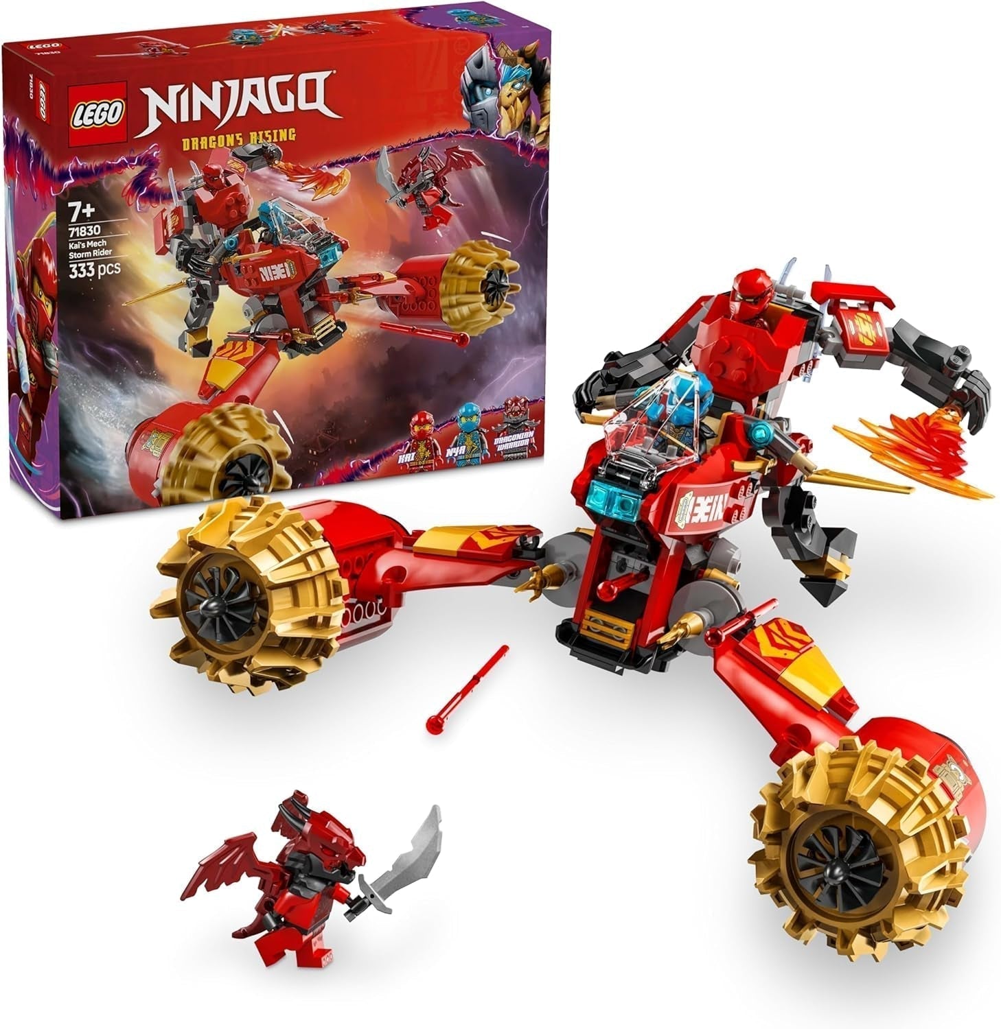 LEGO NINJAGO Kai's Storm Rider Mech - Flygande motorcykelleksak med 3 minifigurer - Mek med rörligt huvud, armar och ben - Byggleksak - Present för pojkar och flickor i åldern 7+ 71830 Byggset Besuche den LEGO-Store Standardtitel