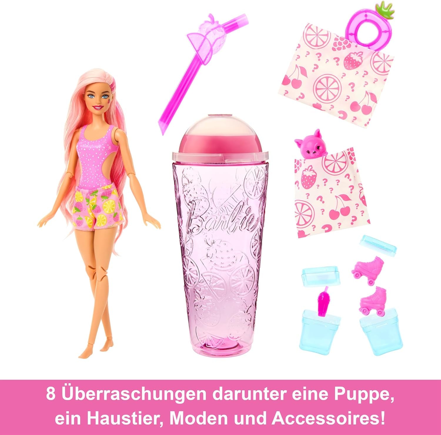 Barbie Pop Reveal Fruit - Överraskande dockor med 8 fruktiga överraskningar, inklusive en positionerbar docka med jordgubbssaft och en fluffig valp i åldern 3+, HNW41