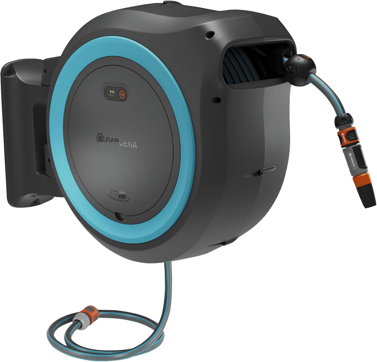 Gardena PowerRoll XXL Solo sladdlös väggslanglåda: Automatisk slangupprullare med 40 m trädgårdsslang, slangstyrning och RollControl, batteridriven, UV- och frostbeständig (18647-55)