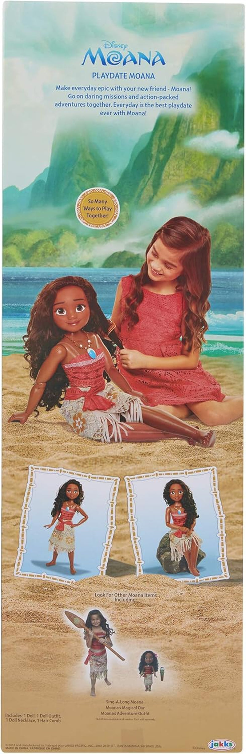 Disney Princess Vaiana, 80 cm stora Spielpuppe von Jakks Pacific, bewegliche Puppe, mit Bürste zum Kämmen ihrer wellligen Locken, vom Film inspired Kleid, abnehmbare Halskette mit Anhänger