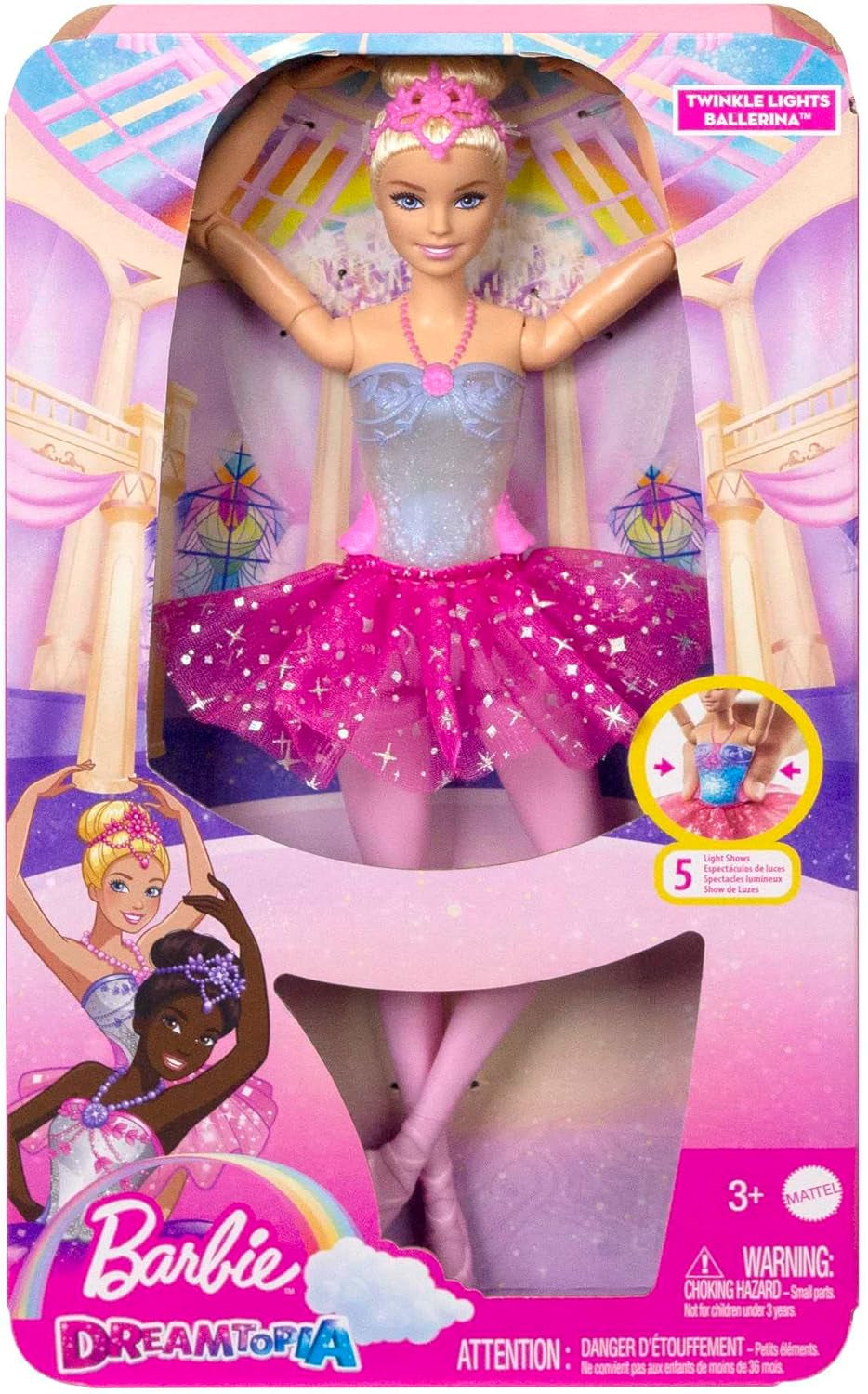Barbie Dreamtopia Magic Ballerina Doll med ljus, rosa tutu och blont hår, 5 ljus- och ljudeffekter, positionerbar Barbie, 3+, HLC25