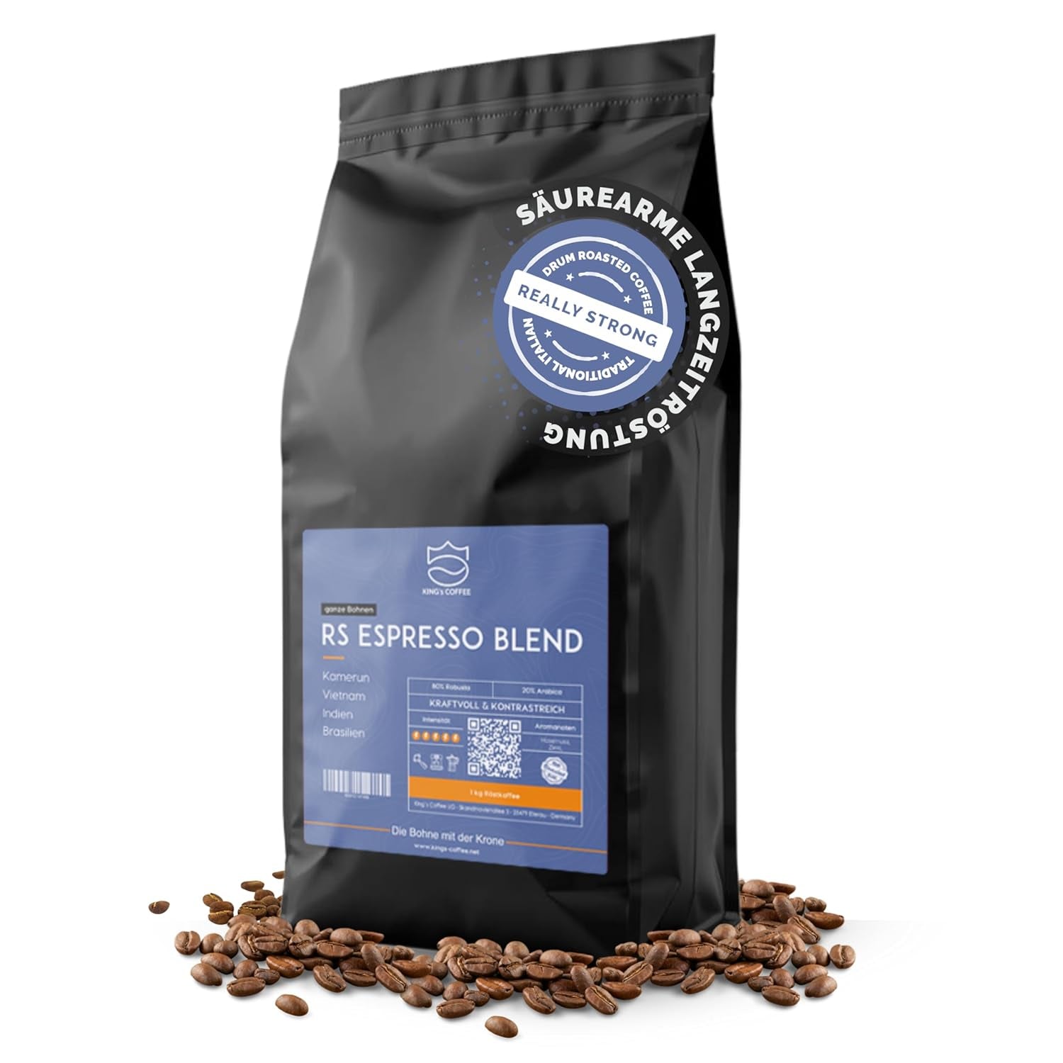 KING'S COFFEE - AMESTEC RS ESPRESSO - 1 kg starka och aromatiska kaffebönor - kaffe med låg syrahalt - kaffe med hela bönor - liten sats rostning från Italien - espressobönor för helautomatiska maskiner och portafiltermaskiner