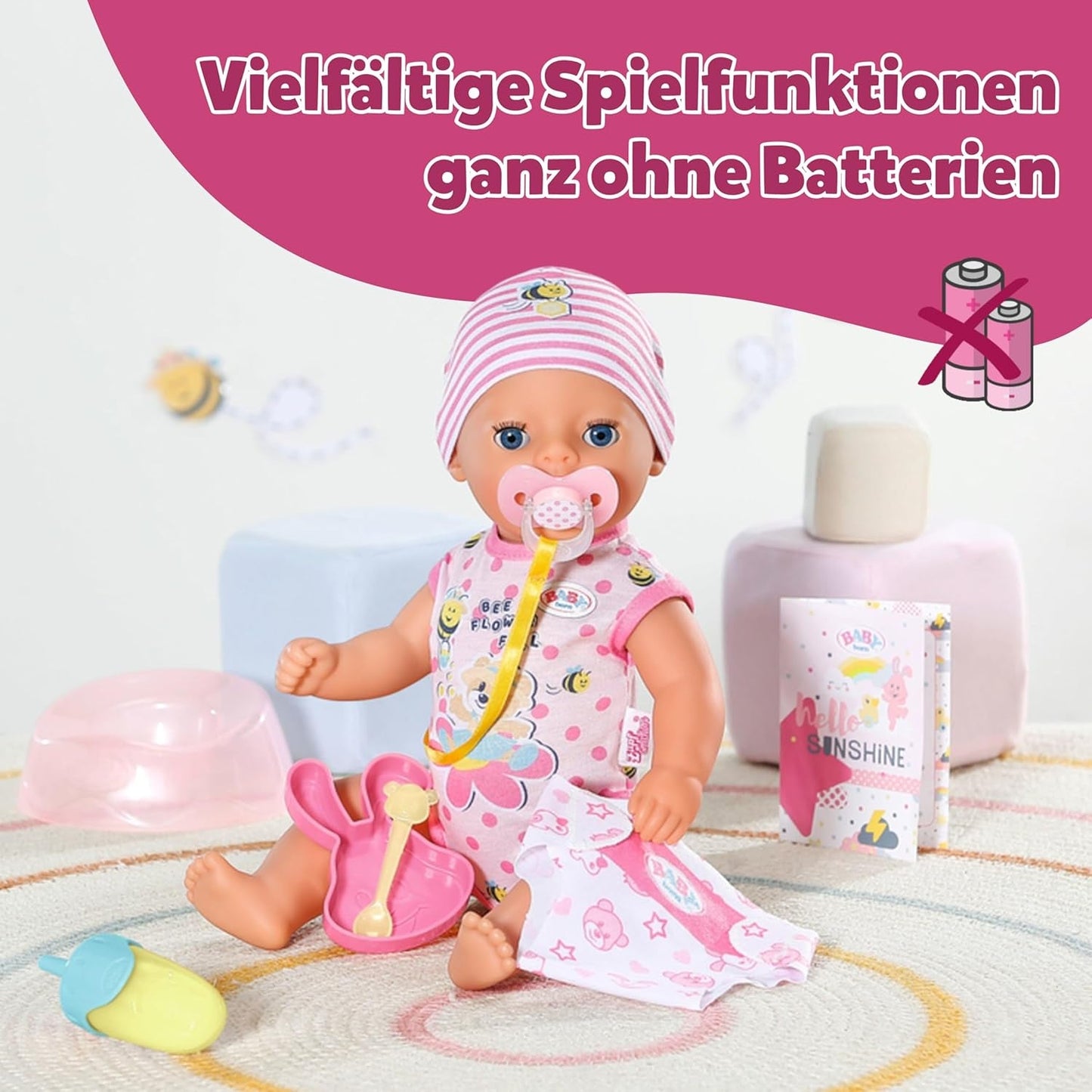 BABY Born Lena (Girl) - babydocka 36 cm - 7 funktioner inklusive tillbehör och madrass - Fungerar helt utan batterier - Passar små barn från 1 år