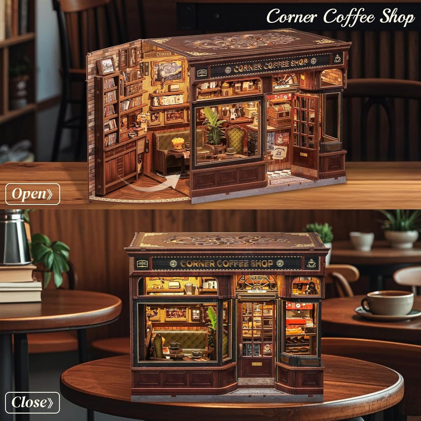 CUTEBEE Book Corner Kit - DIY dockhus, LED Light Up Miniatyr husbyggande kit för vuxna, 3D träpussel och bokställ - bokhylla dekoration och present (Corner Cafe)