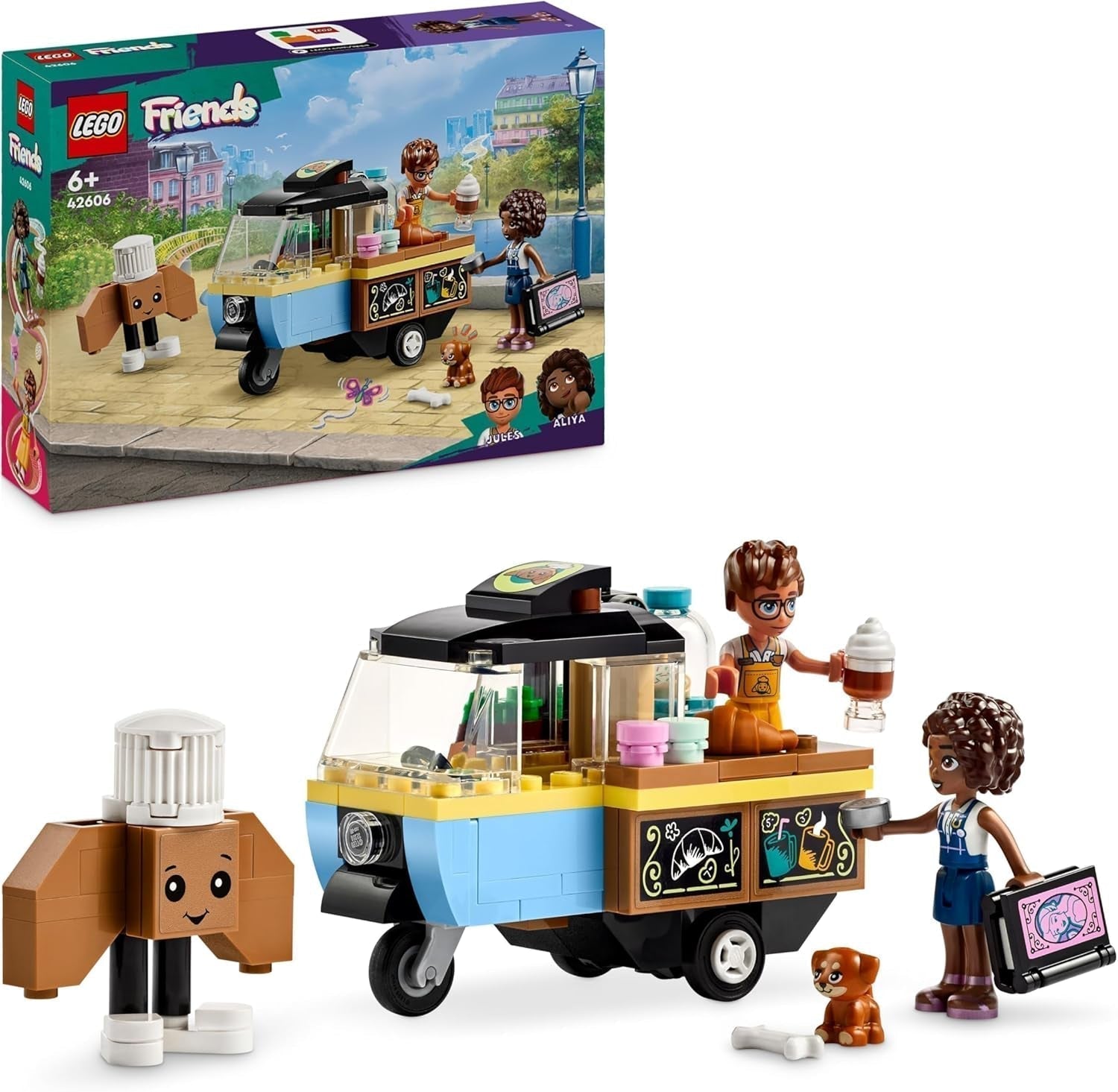 LEGO Friends Rolling Café Liten bakleksak för barn, present till flickor och pojkar 6 år, pedagogisk leksak med Aliya, Jules och Aira the Dog 42606 Byggset Besuche den LEGO-Store Singel