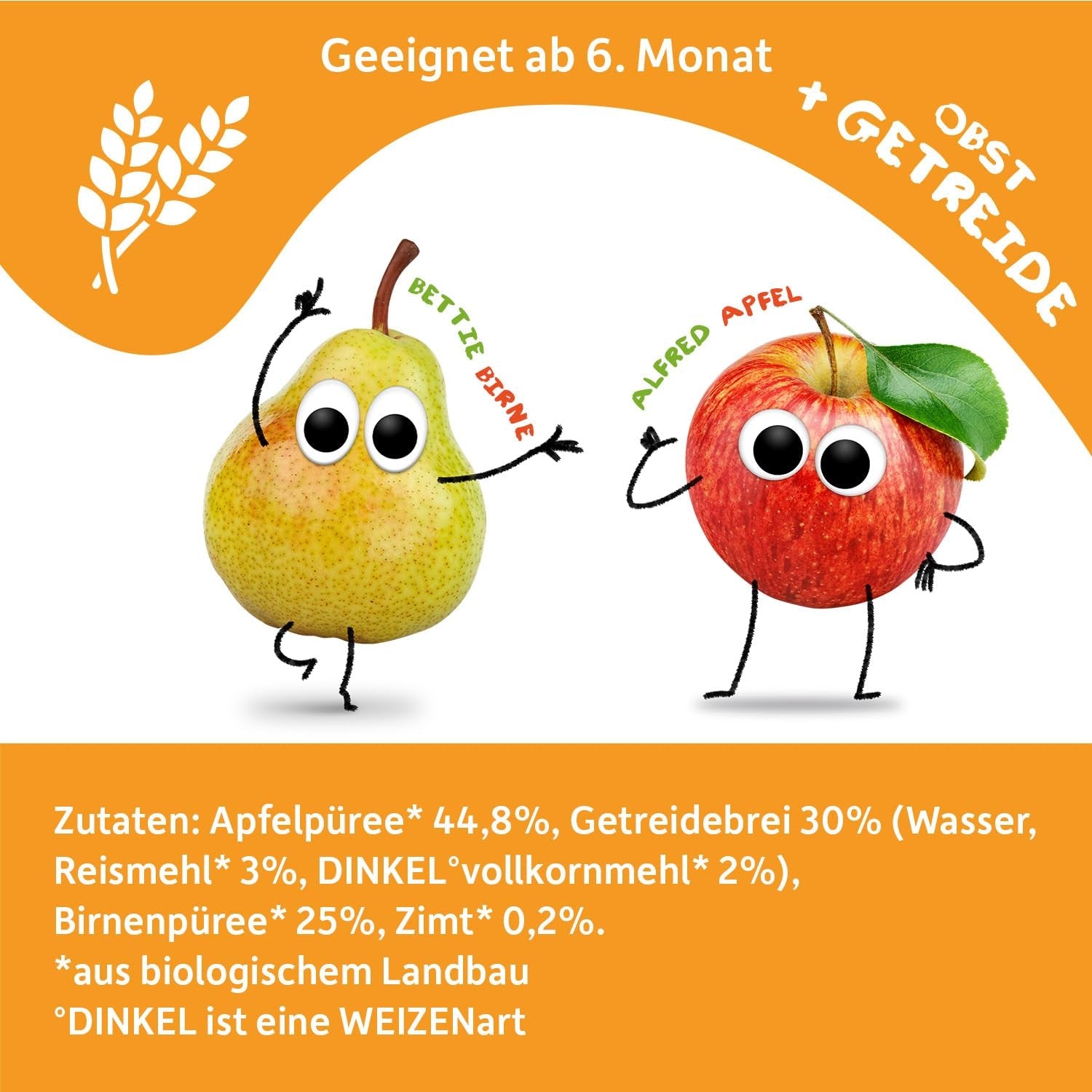 FRECHE FREUNDE Ekologisk pressbar fruktpåse Äpple Kanel Päron Ris Dinkelfruktpuré med flingor för bebisar 6 månader+ Vegansk 6-pack (6 x 100 g)