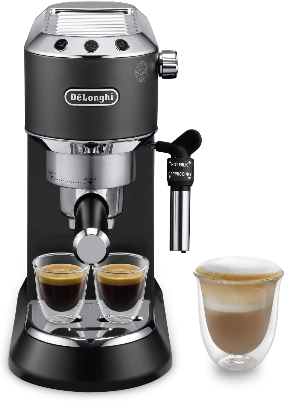 De'Longhi Dedica Style EC 685.B – Espressomaskin med portafilter, espressomaskin med professionell mjölkskummare, endast 15 cm bred, för malet kaffe eller ESE-kapslar, 1 l vattentank, svart