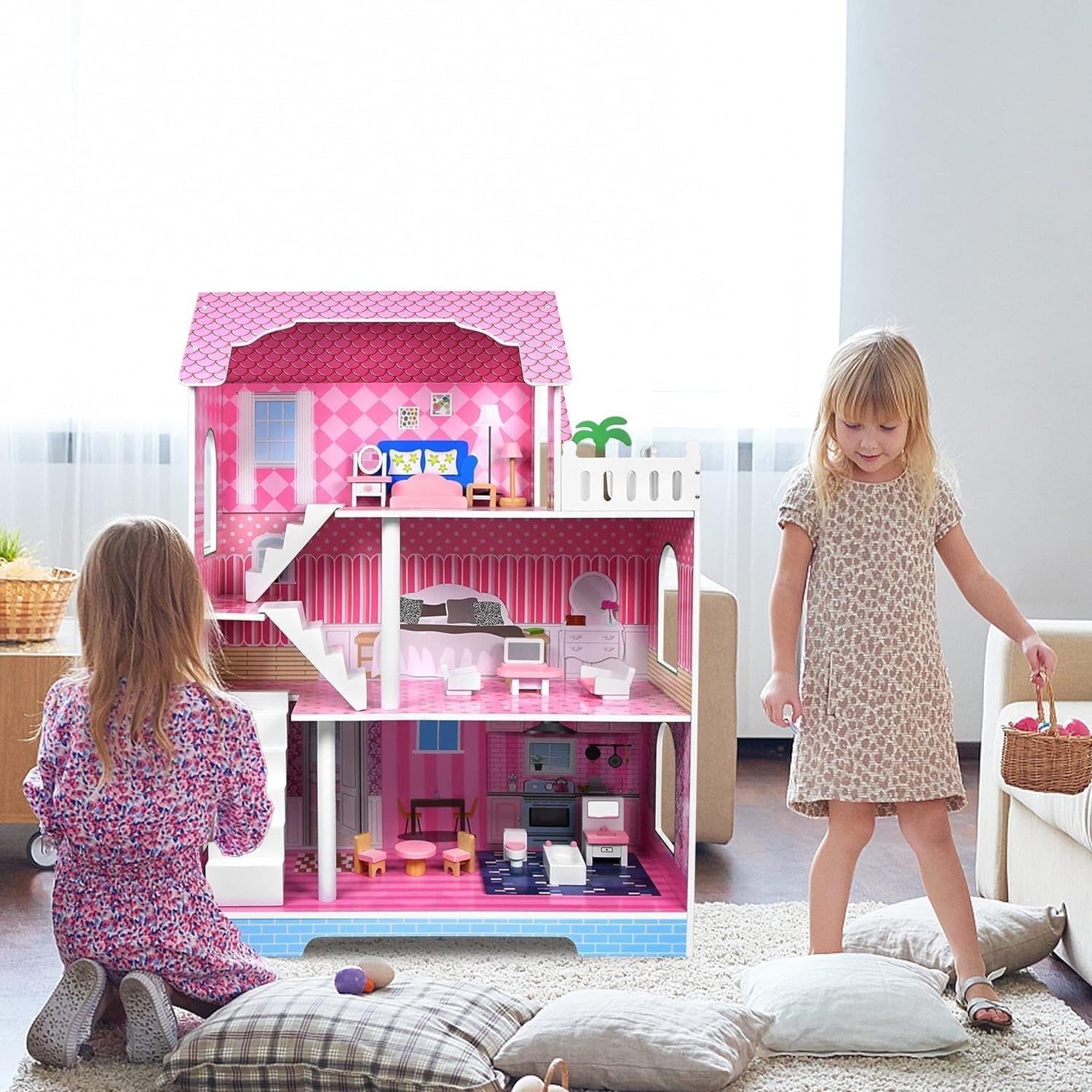 HENGMEI Puppenhaus Kinder Holz Puppenvilla Dollhouse Set Mädchen Spielset 3 Etagen Haus mit Möbeln och Zubehör, 70x30x100cm Puppenhäuser für Kinder (Typ B)