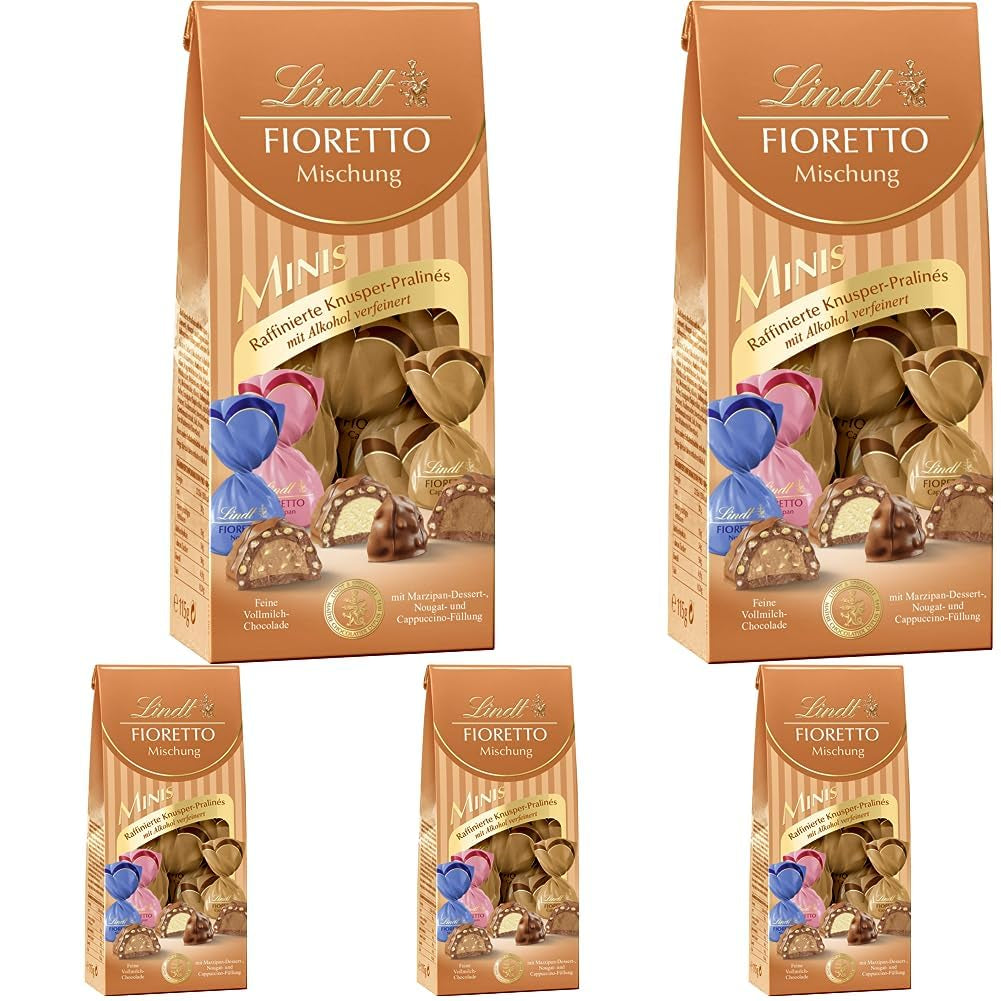 Choklad - Sortiment FIORETTO Minis | 115 g | Ca. 10 mjölkchokladpraliner i smak av marsipan, cappuccino och nougat, innehåller alkohol | Choklad presentset | Chokladpresentset (paket med 5)