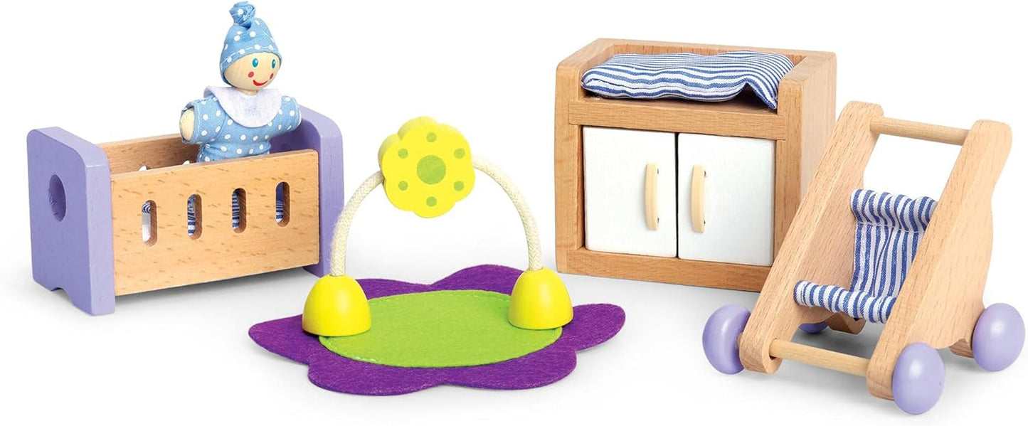 Hape babyrum - dockrumsset i trä, möbler för babydockor, tillbehör till dockskåp för småbarn, babyrum i miniatyr med gunga och tillbehör, rollspel för 3 år