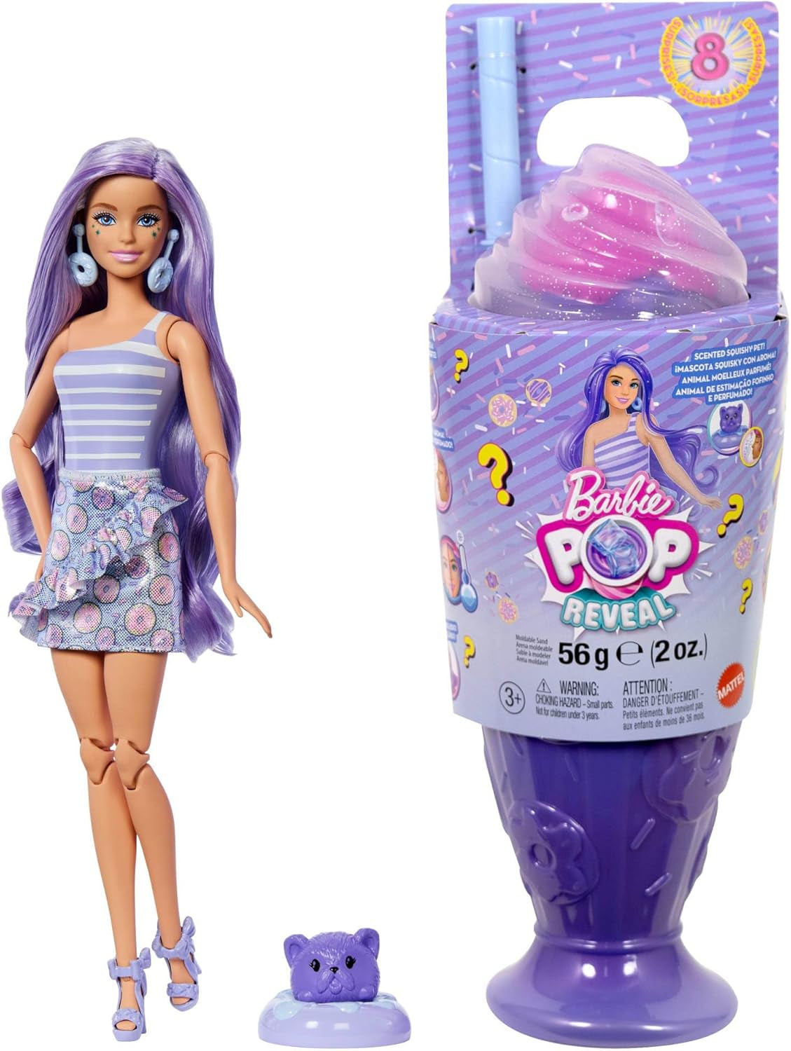 Barbie Pop Reveal Series Set med modedocka och tillbehör, Candy Series, Donut Dreams Design med husdjur, 8 överraskningar inklusive färgbyte, JFY60