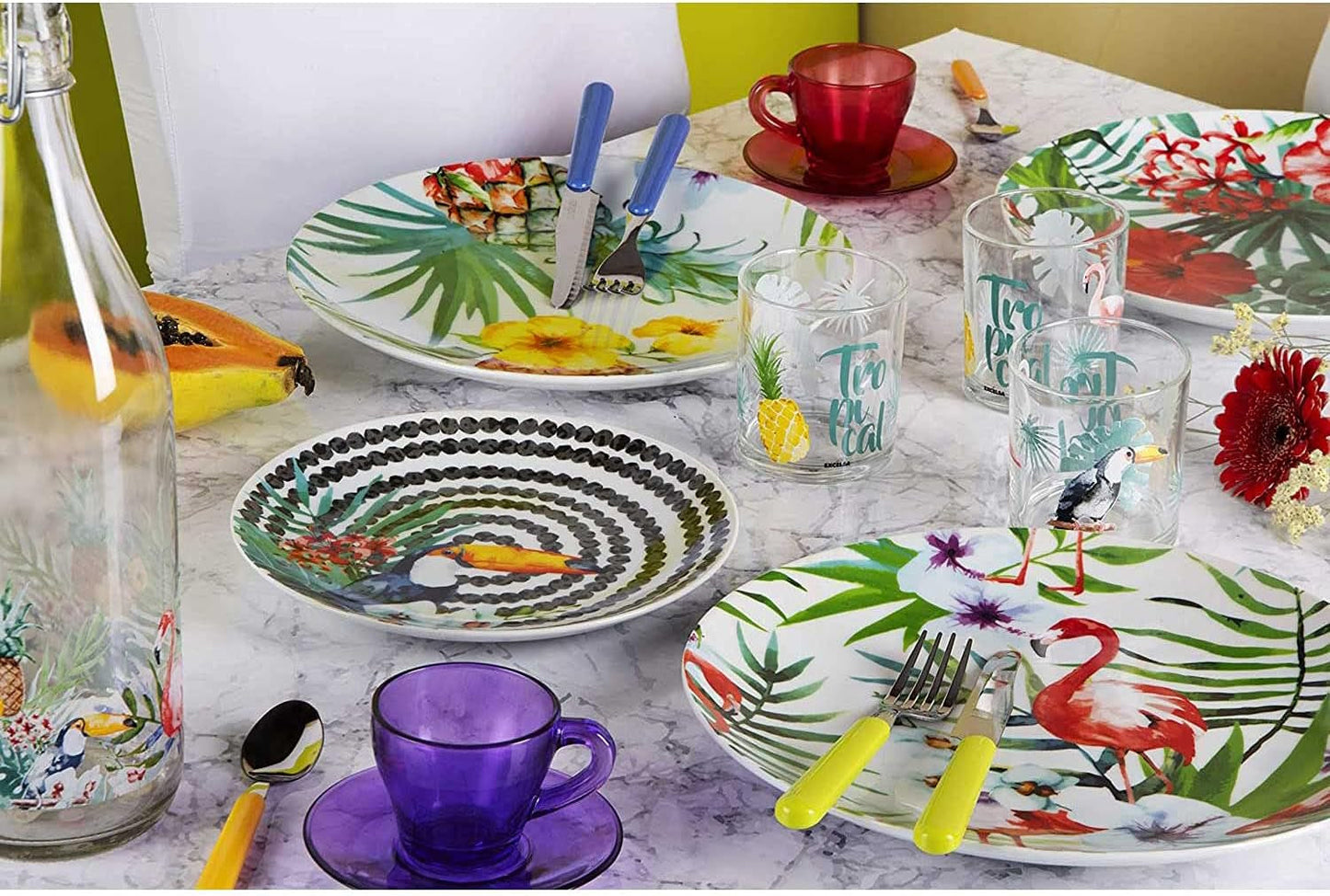 Excelsa Tropical Chic Tallrik Set, 18 Stück, Porzellan, mehrfarbig