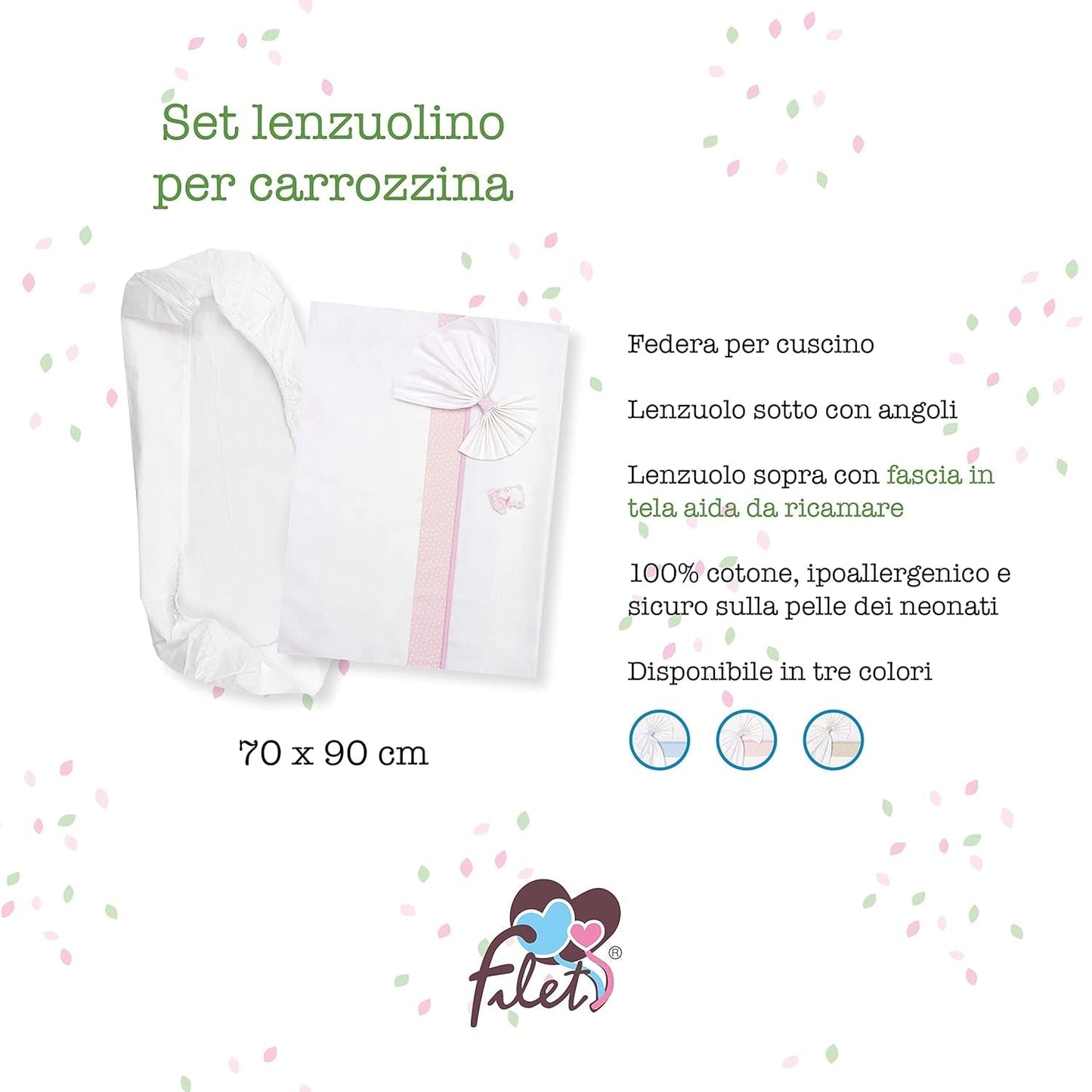 Vitt och rosa sängkläder för bärsäng, bestående av 1 påslakan, 1 överlakan med Aida-band för broderi och 1 örngott, 100 % bomull, Made in Italy Täcken och täcken Naty Shop