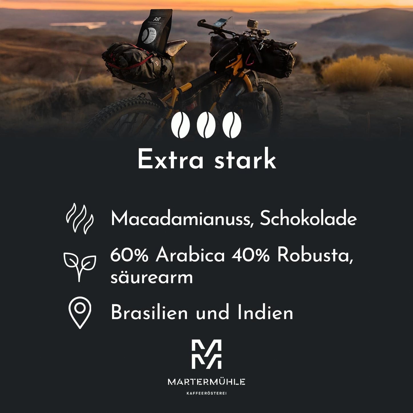 Espressobönor Martermühle Bike 500g Stark | Arabica/Robusta | Smaker: macadamianötter, mjölkchoklad | Lättrostade hela espressobönor, låg syra