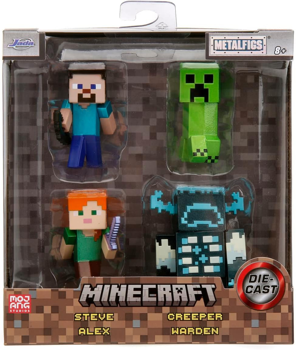 Jada Toys Minecraft Figur Set (4 delar) Tillverkad av metall - Minecraft Caves & Cliffs Samlarfigurer (Steve, Alex, Creeper och Warden) För spelare och samlare 8+ 6 cm vardera Actionfigurer Naty Shop Standardtitel