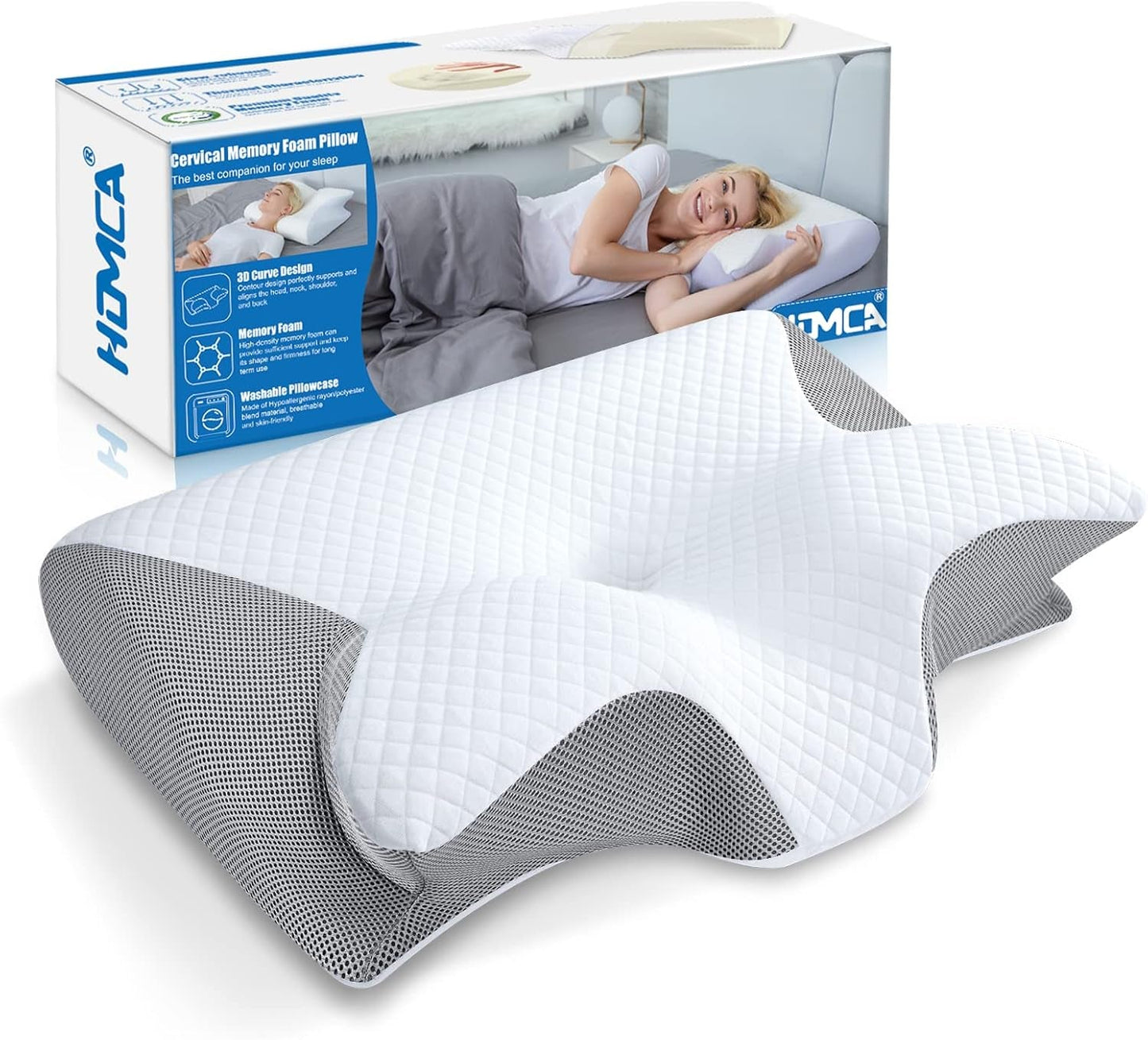 HOMCA nackkudde Ortopedisk kudde 2 i 1 Memory Foam Kudde Nackstödskudde Ergonomisk huvudkudde för rygg-, sido- och buksmärtor 60 X 13/11 X 40 cm Cervikala ortopediska kuddar Naty Shop Grey