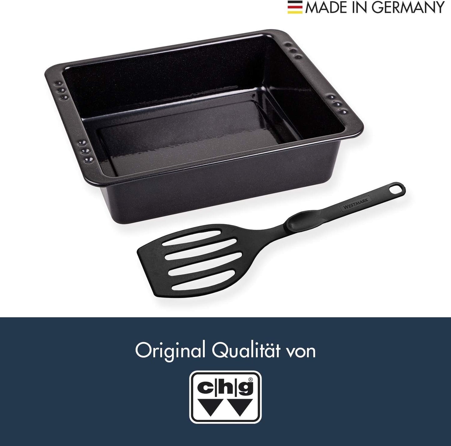 Chg SET 341-46-60 Extra Tiefe Ofenform (7,0 Cm) "Emaille" Mit Profi-Pfannenwender", Schwarz Gesprenkelt Formar och brickor för bakning Naty Shop