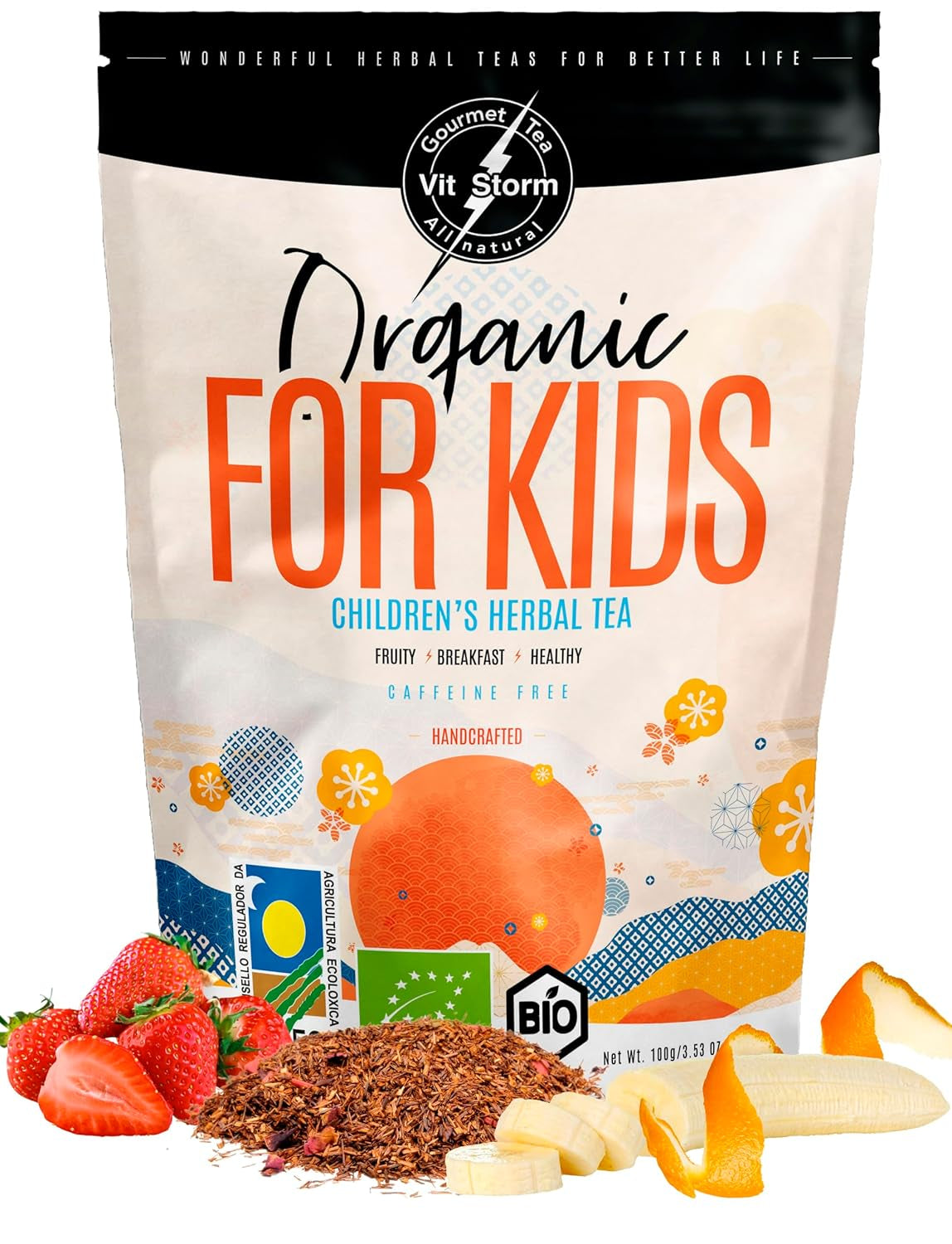 VITSTORM® BIO TEE Mom & Kids - Te för kvinnor och ammande - Rooibos, äpple, fänkål, citronmeliss, alchemilla, jordgubb - Avkopplande te - Fruktigt och gott - Koffeinfritt - Örtte 100 g
