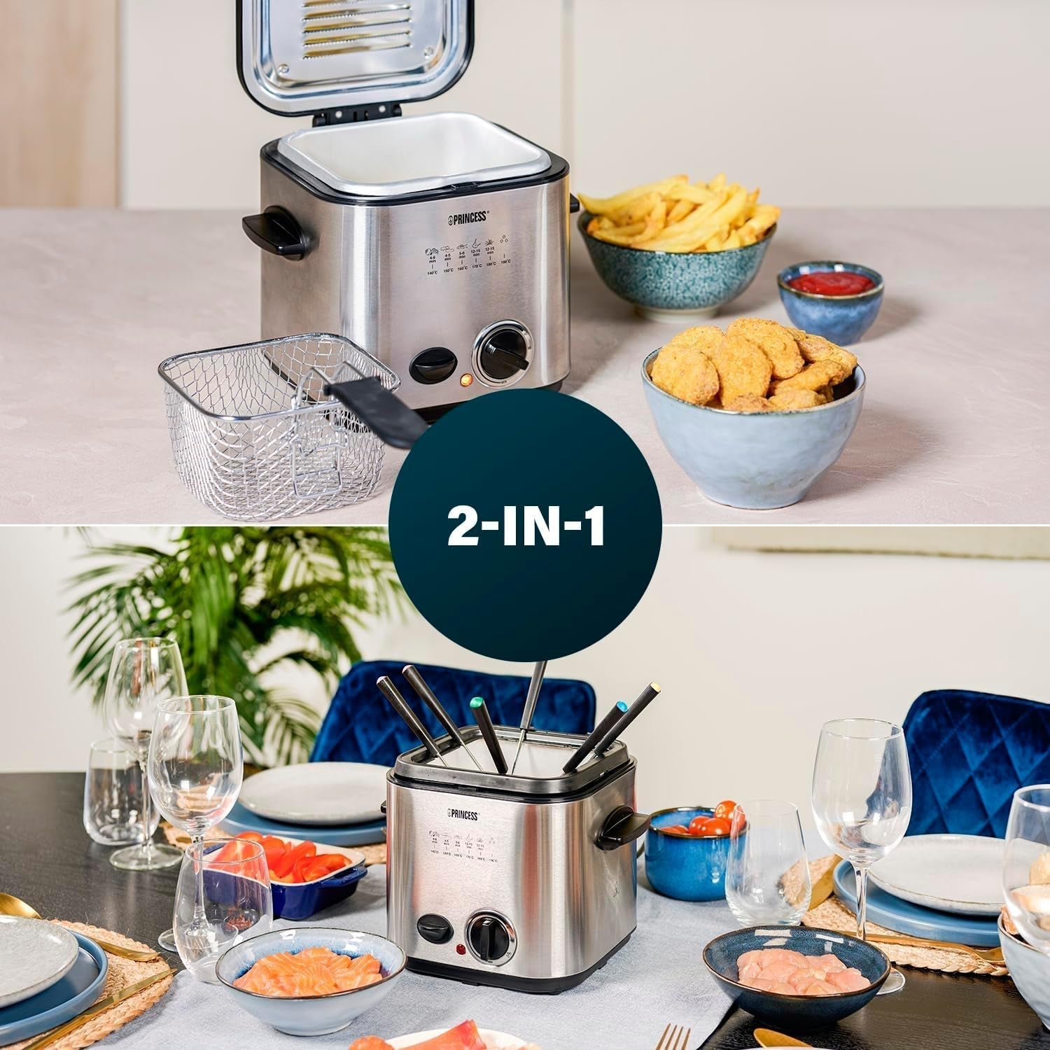 Princess 182611 Mini Fondue Fritös - Snabbuppvärmning - Luktfilter - 1,2 liters kapacitet, Silver Hushållsapparater Naty Shop