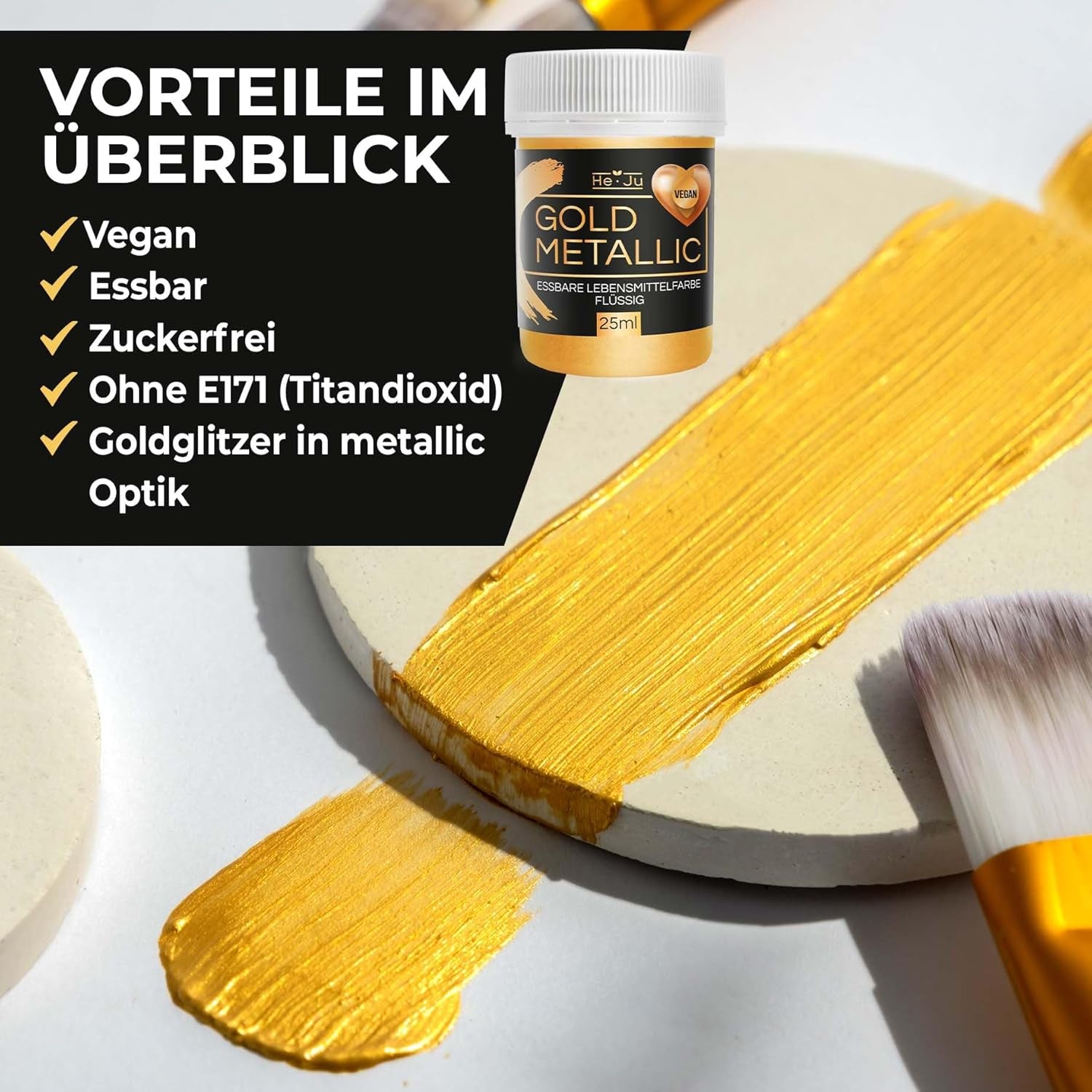 He-Ju Metallic Gold flytande matfärgning 25 ml, ätbart glitter för drycker och mat (Metallic Gold, 25 ml)