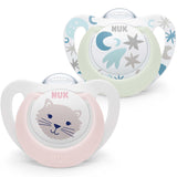 NUK Star Night & Day Baby Napp 0-6 Months Glow in the Dark BPA-fri Silikon Rosa Cat 2 Pack