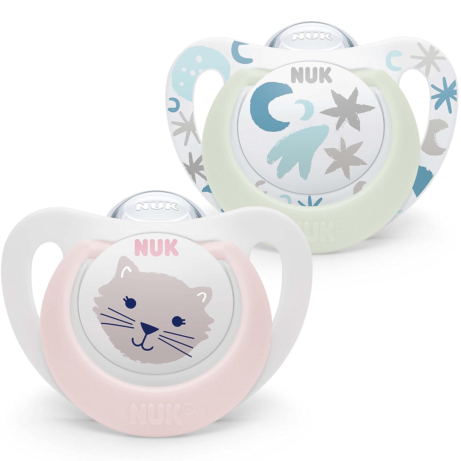 NUK Star Night & Day Baby Napp 0-6 Months Glow in the Dark BPA-fri Silikon Rosa Cat 2 Pack