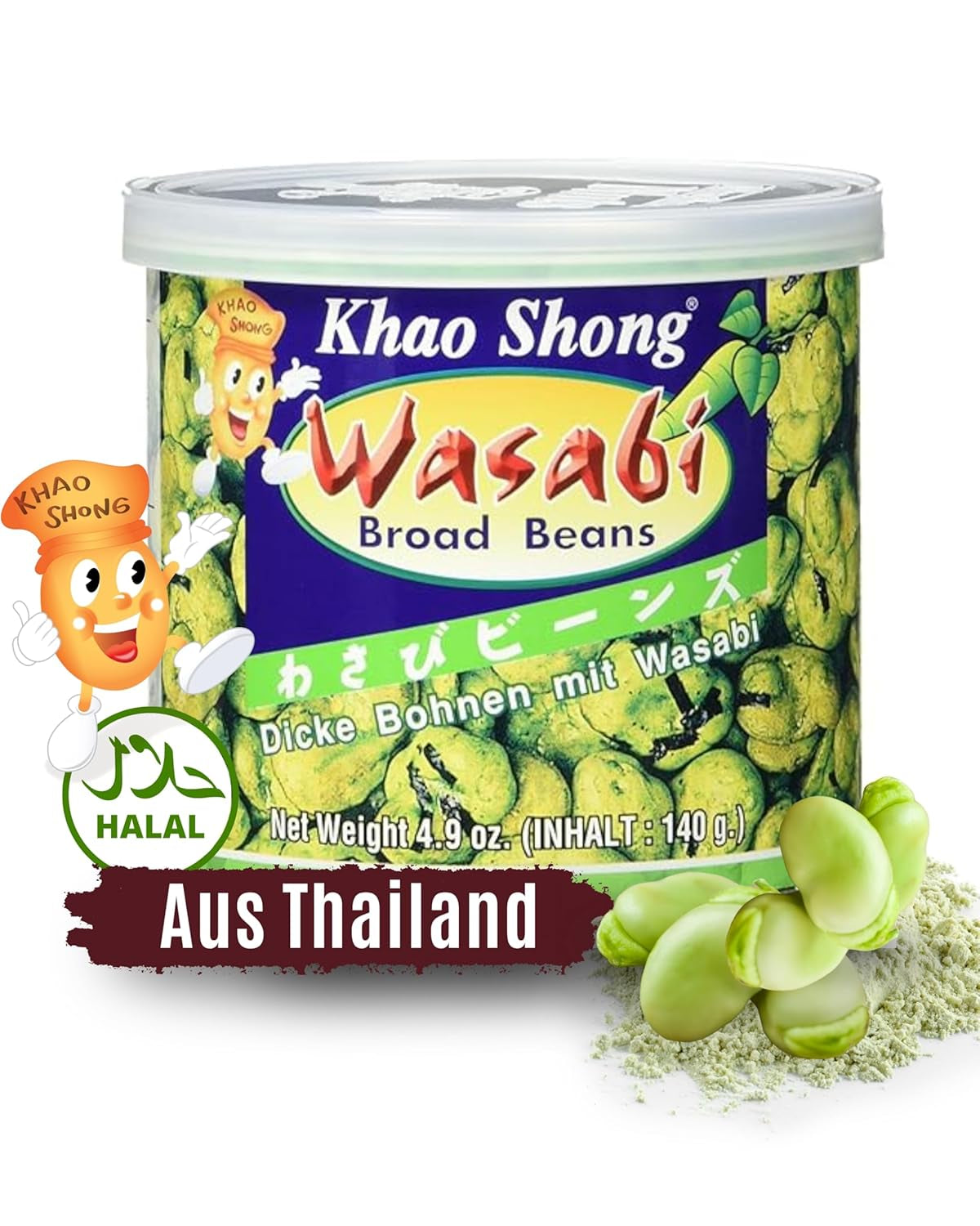 Khao Shong Friterade gröna ärtor med wasabi, krispiga ärtor i en kryddig smet, ett fettsnålt alternativ till nötter, medelkryddigt, 1 140g burk | 140 g (1 förpackning)