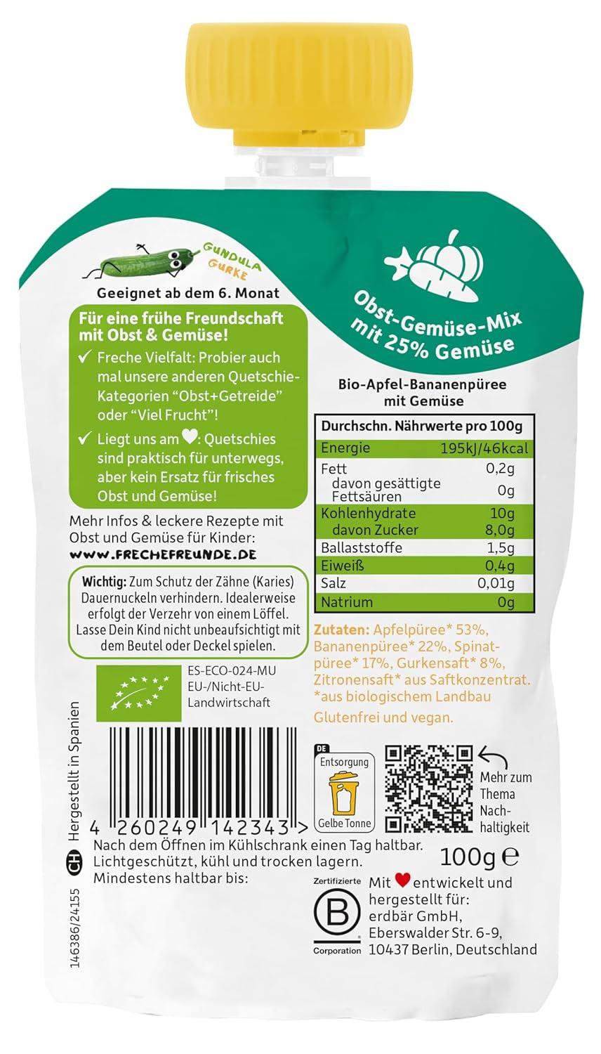 FRECHE FREUNDE Ekologisk pressbar fruktpåse med äpplen, bananer, spenat och gurka, mosad frukt och grönsaker i en pressbar påse för spädbarn från 6 månader, vegansk, förpackning om 6 (6 x 100 g)