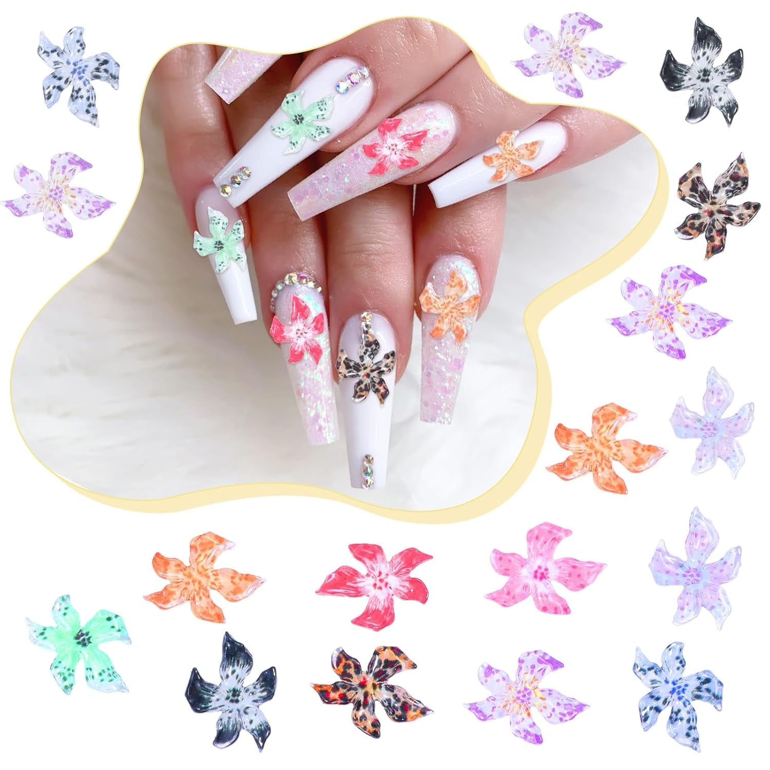 50 st 3D Blumen Nägel Nail Charms Bunt Gelee Weich Kleber Lilie Flower Blume Nagel Hibiscus Zubehör Nageldesign Eis Kristall Geprägt Farbverlauf Lilien Für Mädchen Frauen Diy Basteldekoration