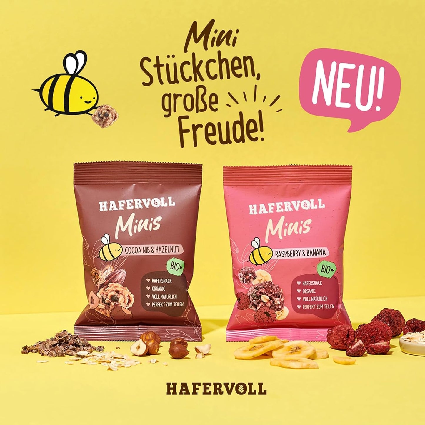HAFERVOLL Minis Raps och Banan 8x 65g - Certifierad ekologisk, med honung, utan tillsatt socker, perfekt att dela