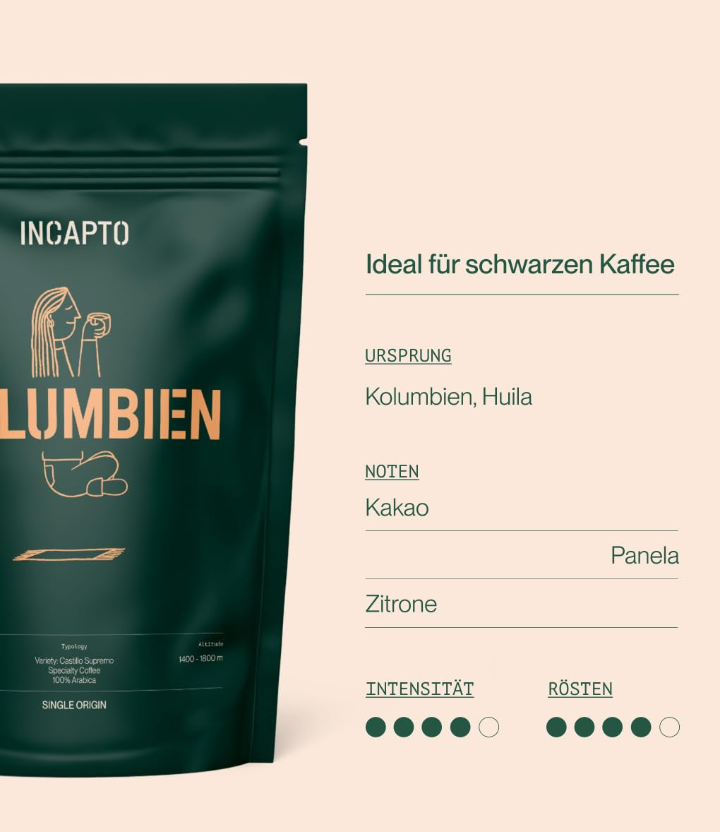 Incapto Spezialitäten-Kaffeebohnen | Colombianskt ursprung med ett ursprung | Espresso 100% Arabica | Specialty Coffee 84 Poäng SCA | Traditionell Geröstete Bohnenkaffee | Plantage Huila, Cadefihuila, 1kg