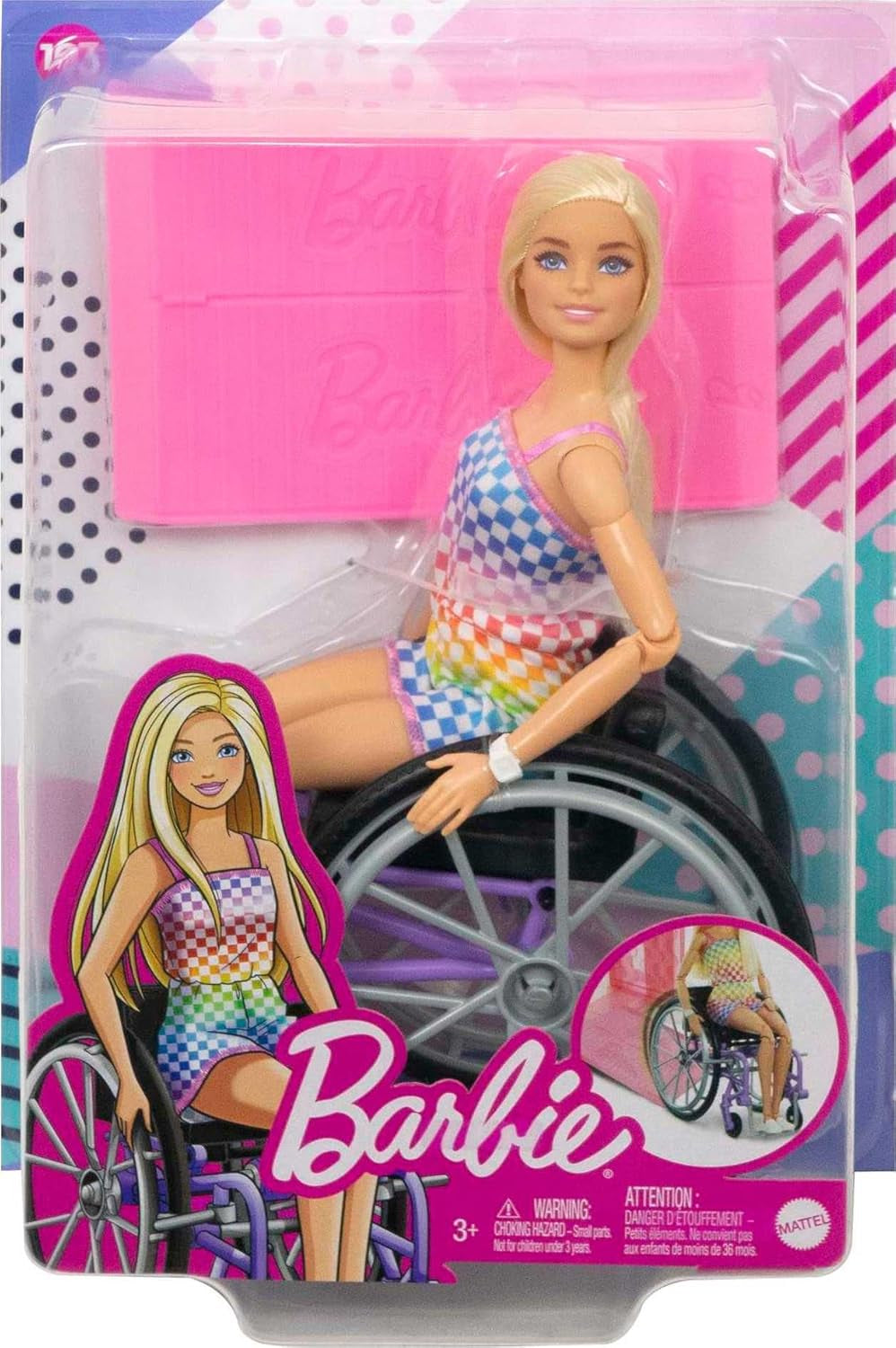 Barbie Fashionista docka, blont hår och regnbågsbyxa, rullstol och ramp ingår, dockgåva för barn, leksak för åldrarna 3 och uppåt, HJT13
