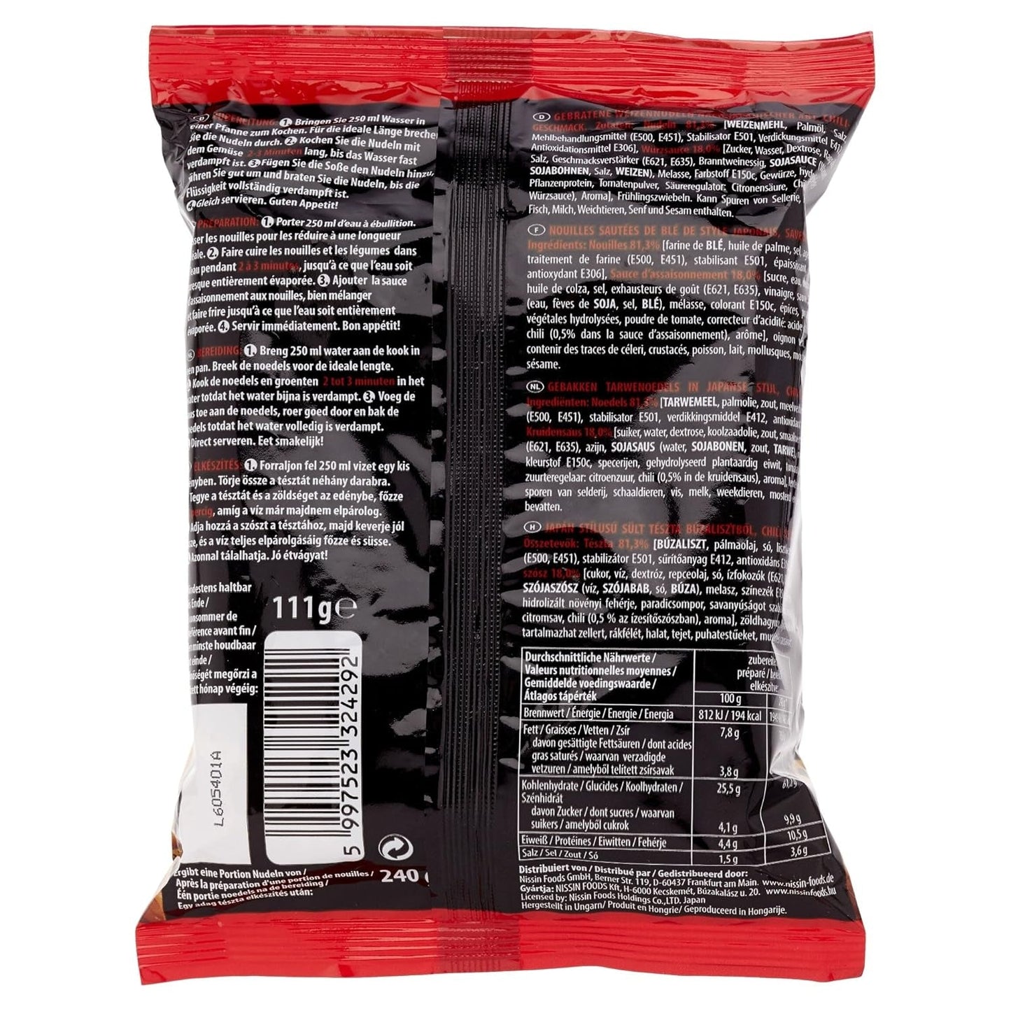 Friterade Nissin Wheat Nudles med Chilismak, 111g