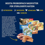 Provförpackning Bozita Tetra i sås med mycket kyckling, kol och mycket kyckling och nötkött i gelé - 4+2-6x370g Spannmålsfritt och sockerfritt foder för steriliserade katter med 7,5% protein och 5% fett